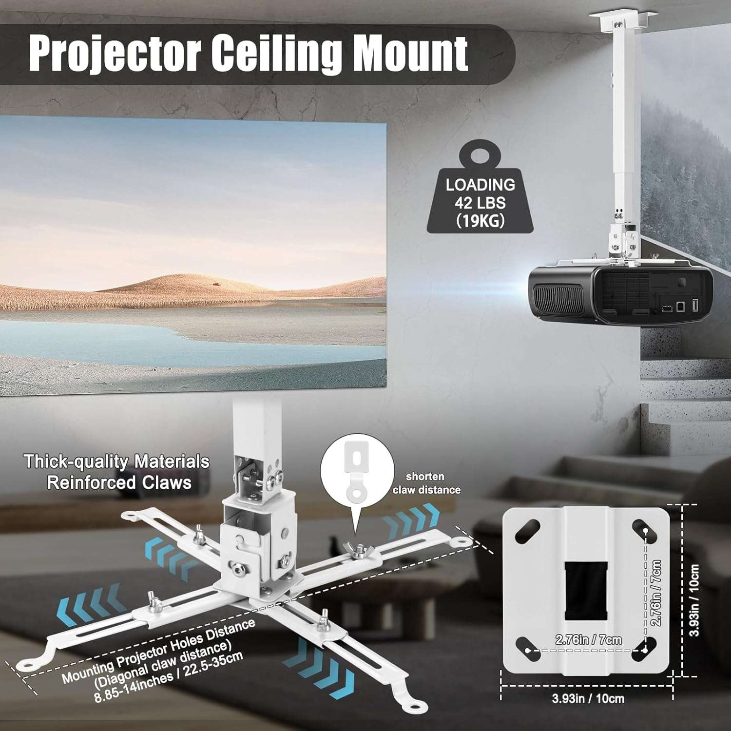 2-Be-Best Upgraded Projector Ceiling Mount Adjustable Projector Wall Mount Max Load Capacity 42 LBS / 19KG Ceiling Projector Mount Universal White 6