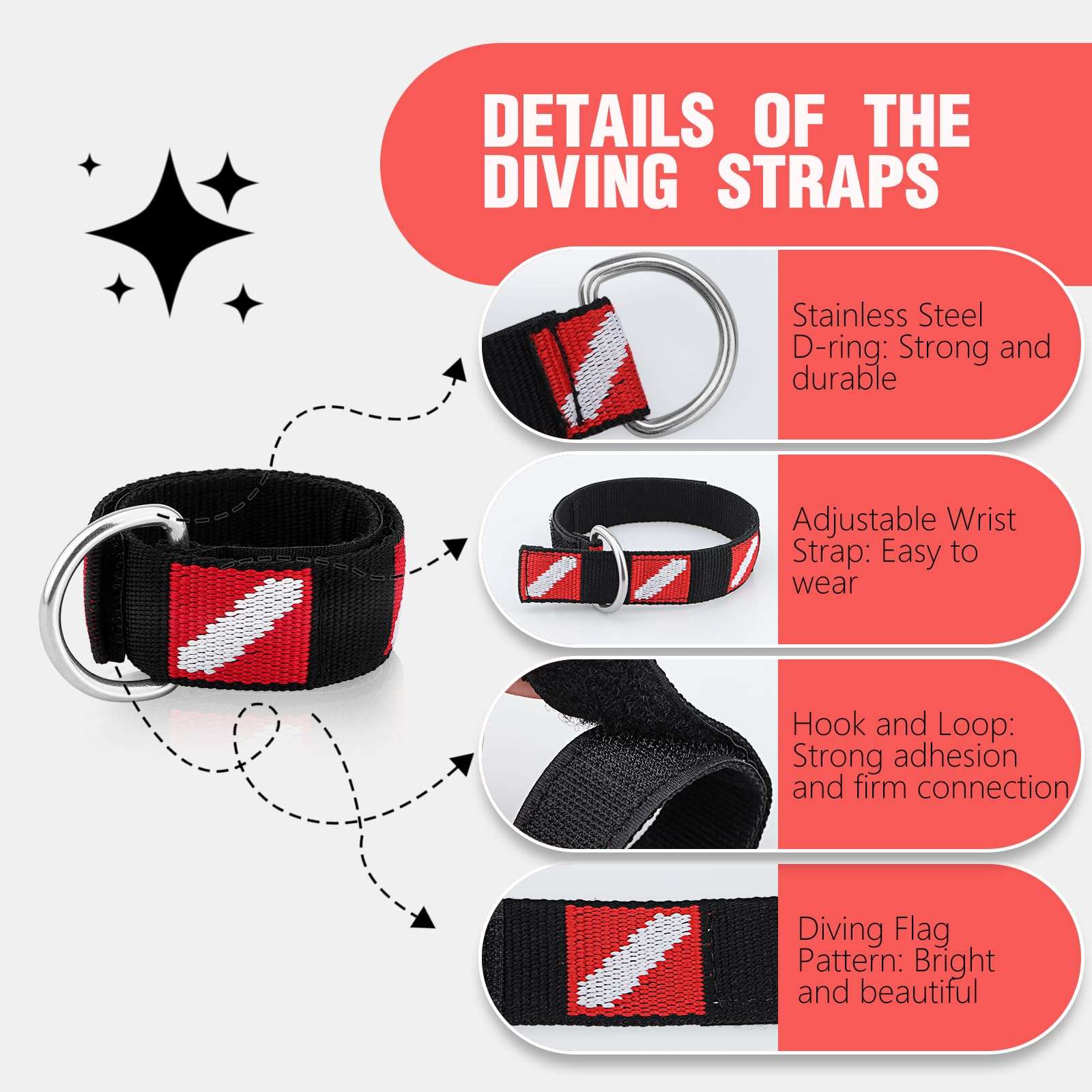Dawitrly Scuba Diving Wrist Strap, Adjustable Wristband with Stainless Steel D Ring, Suitable for Scuba Dive Lights, Flashlights, Cameras, Compass, Dive Slates, for Scuba Divers and Snorkelers（2 Pack） 4