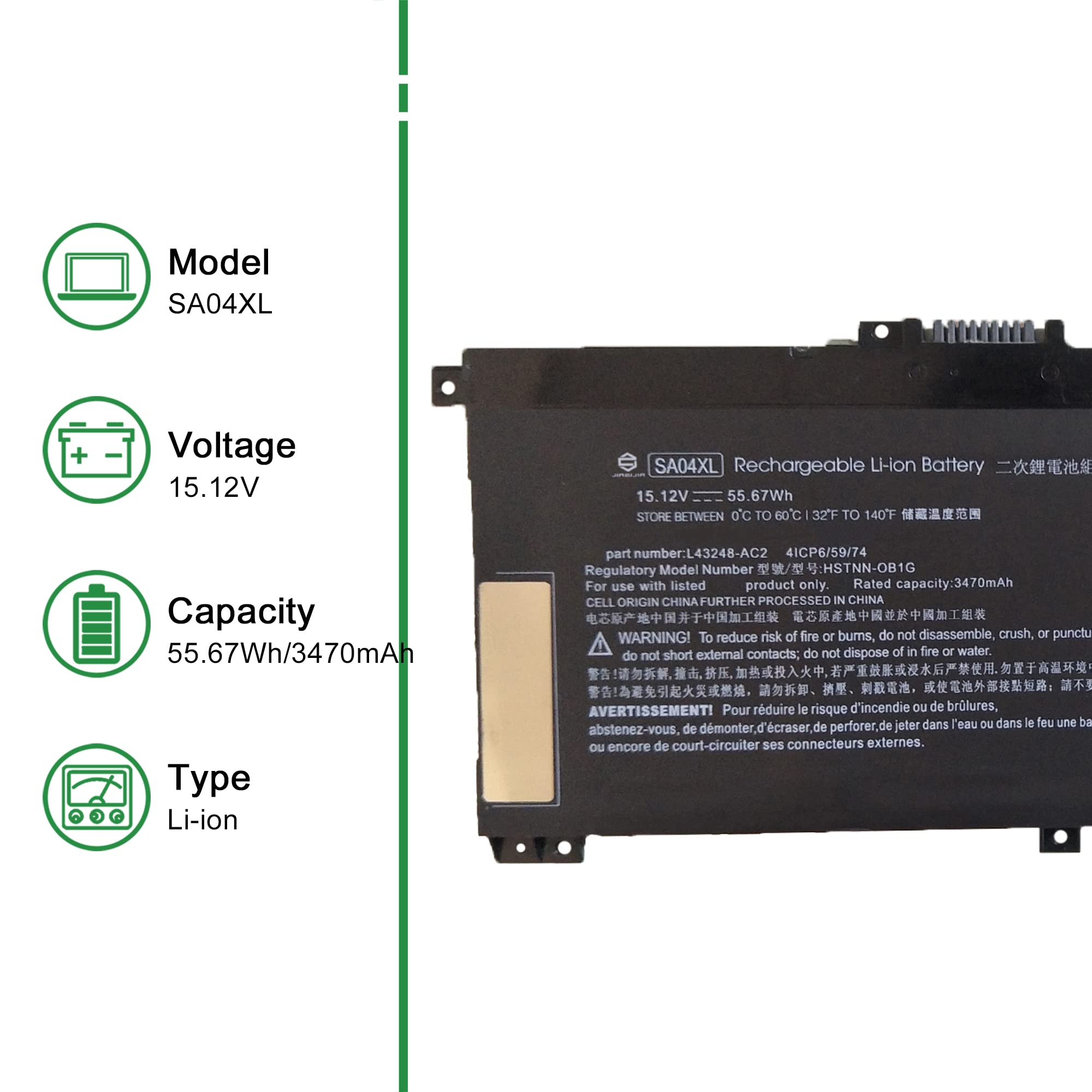 JIAZIJIA SA04XL Laptop Battery Replacement for Hp Envy X360 15-DR 15-DR0010TX Series HSTNN-OB1G L43248-AC2 L43267-005 HSTNN-LB8O L43248-421 824561-001 HSTNN-UB7U L43248-541 15.12V 55.67Wh 3470mAh 2