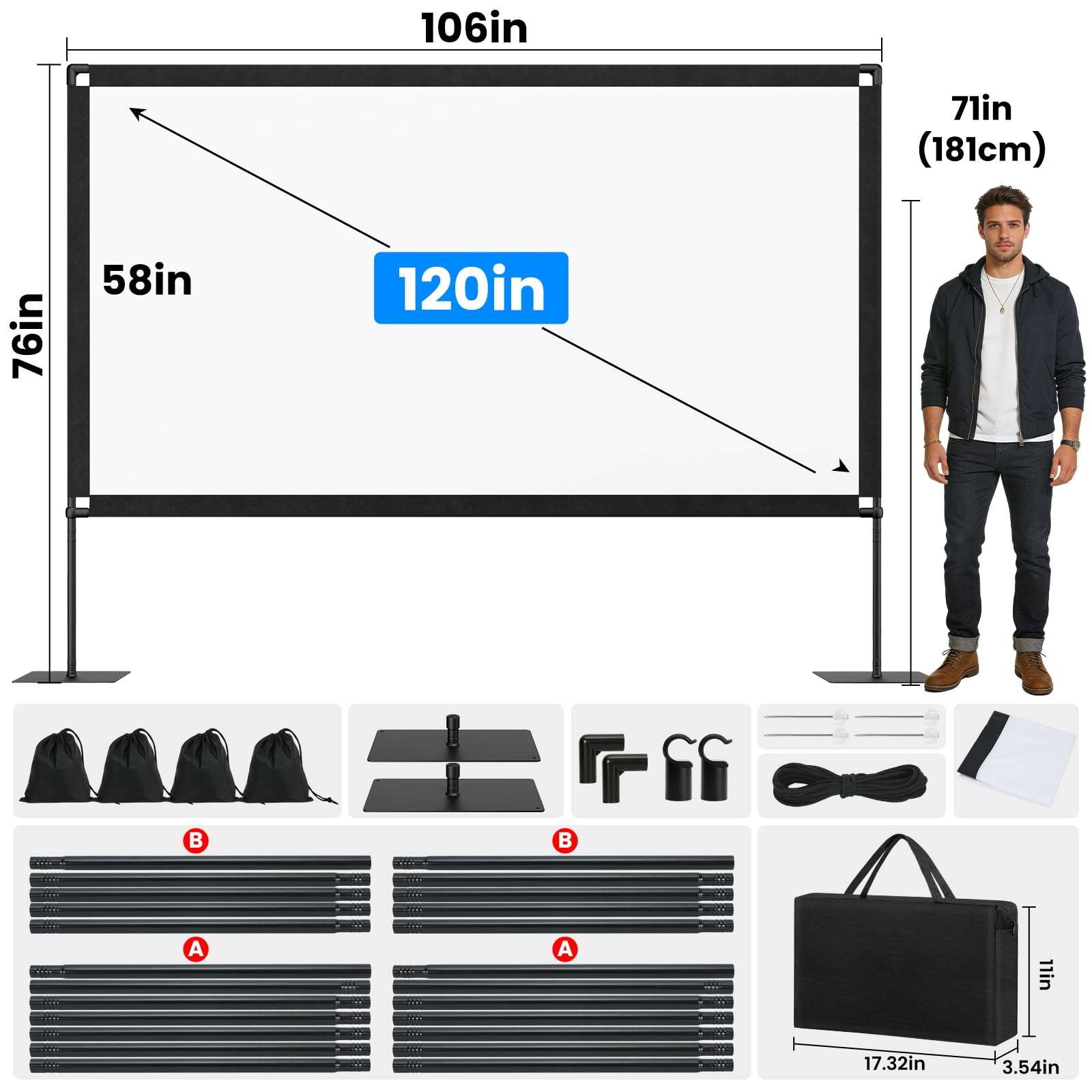 120inch Outdoor Projector Screen with Stand: 16:9 4K HD Portable Projector Screen Outdoor Indoor - Front/Rear Movie Screen with Carry Bag, Sandbag - Projection Screen for Backyard, Camping, Theater 5