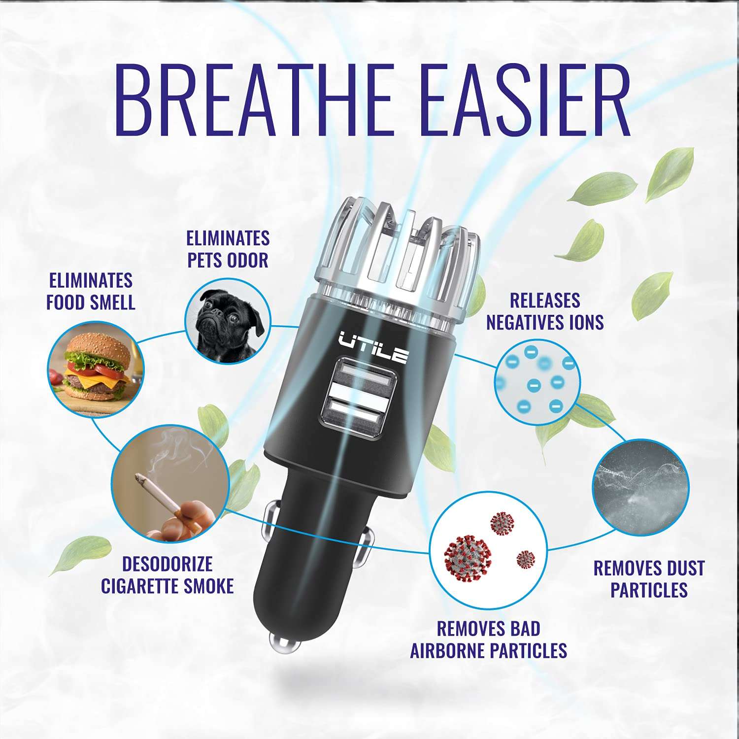 UTILE Car Ionizer Odor Eliminator Purifier with Dual USB Charger – Ionic Air Freshener| 2.1A/0.8W USB Charging for Phone, Tablet and Other Devices (Black, Pack of 1) 3