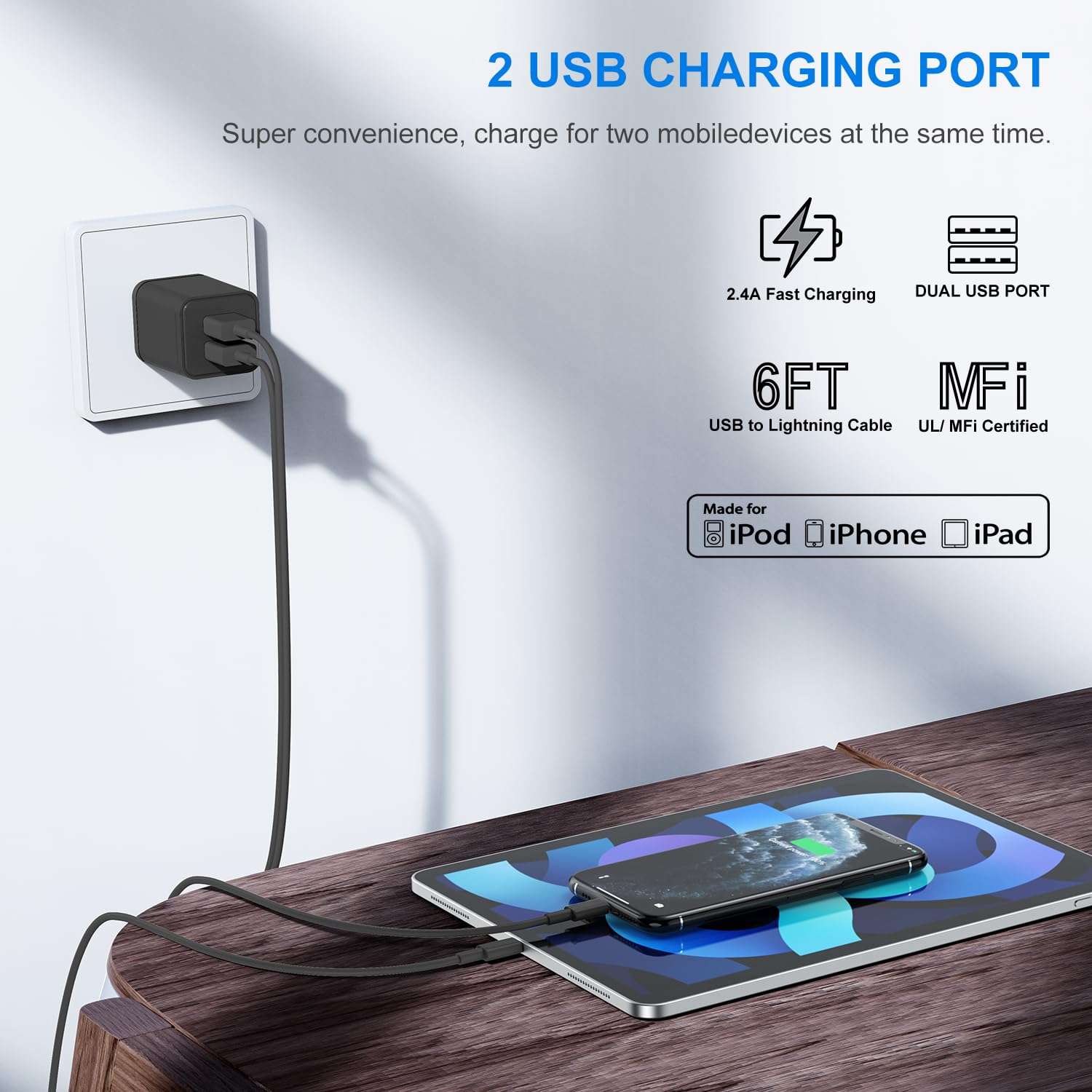 iPhone Charger and Wall Plug, 2Pack 6ft Lightning Cable Cord with Fast Dual Port USB Charging Adapter Block Box for Apple iPhone 14 Pro Max/13 Pro/12 Mini/11/XR/X/XS Max/8/7/6S Plus/SE/5C/iPad Black 5