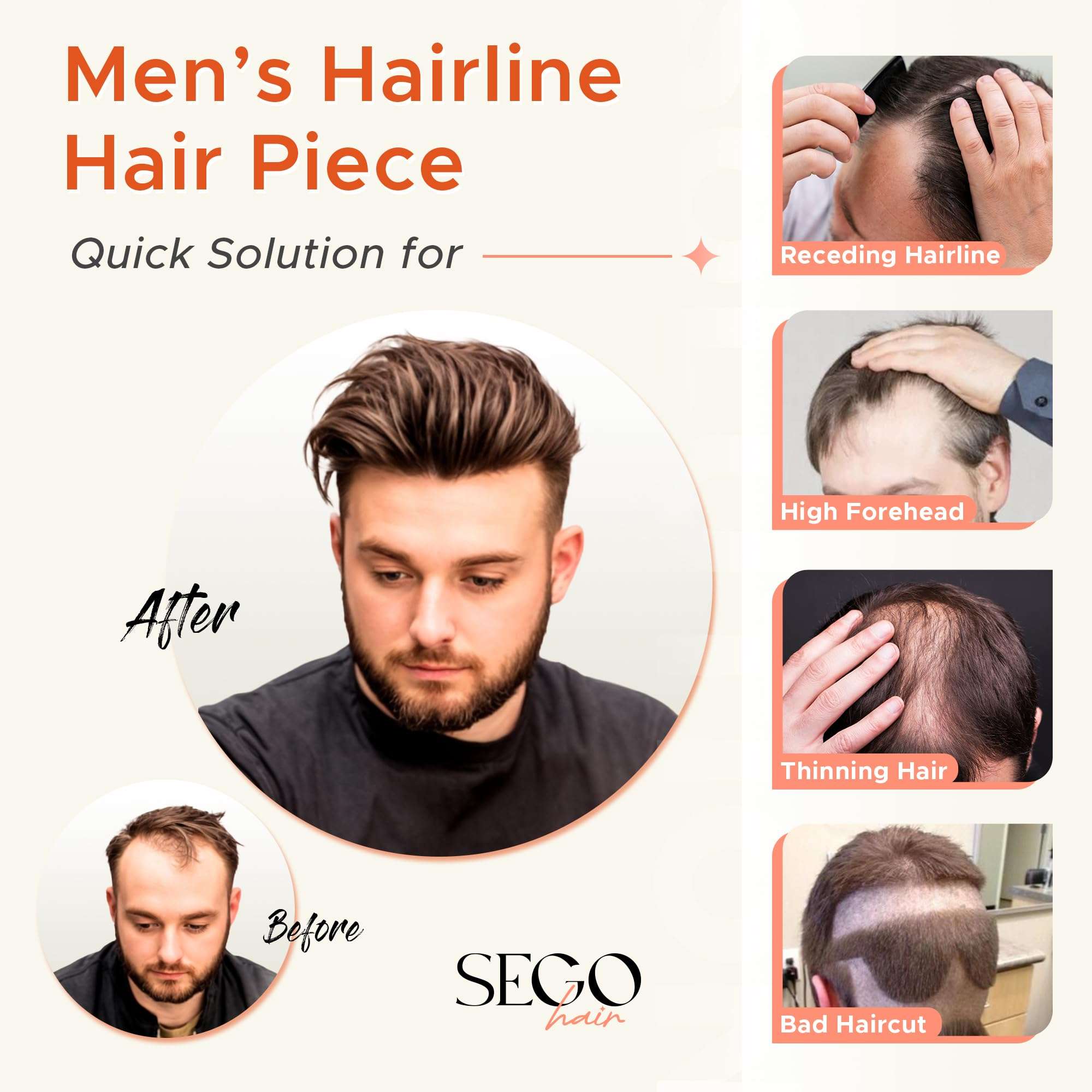 SEGO Men's Hairline Toupee 100% Human Hair Forehead Hairpiece V-Shape 1.57"x7" PU Thin Skin Base Natural Hairline Replacement（Hair:6" Long-#27 Dark Blonde 3