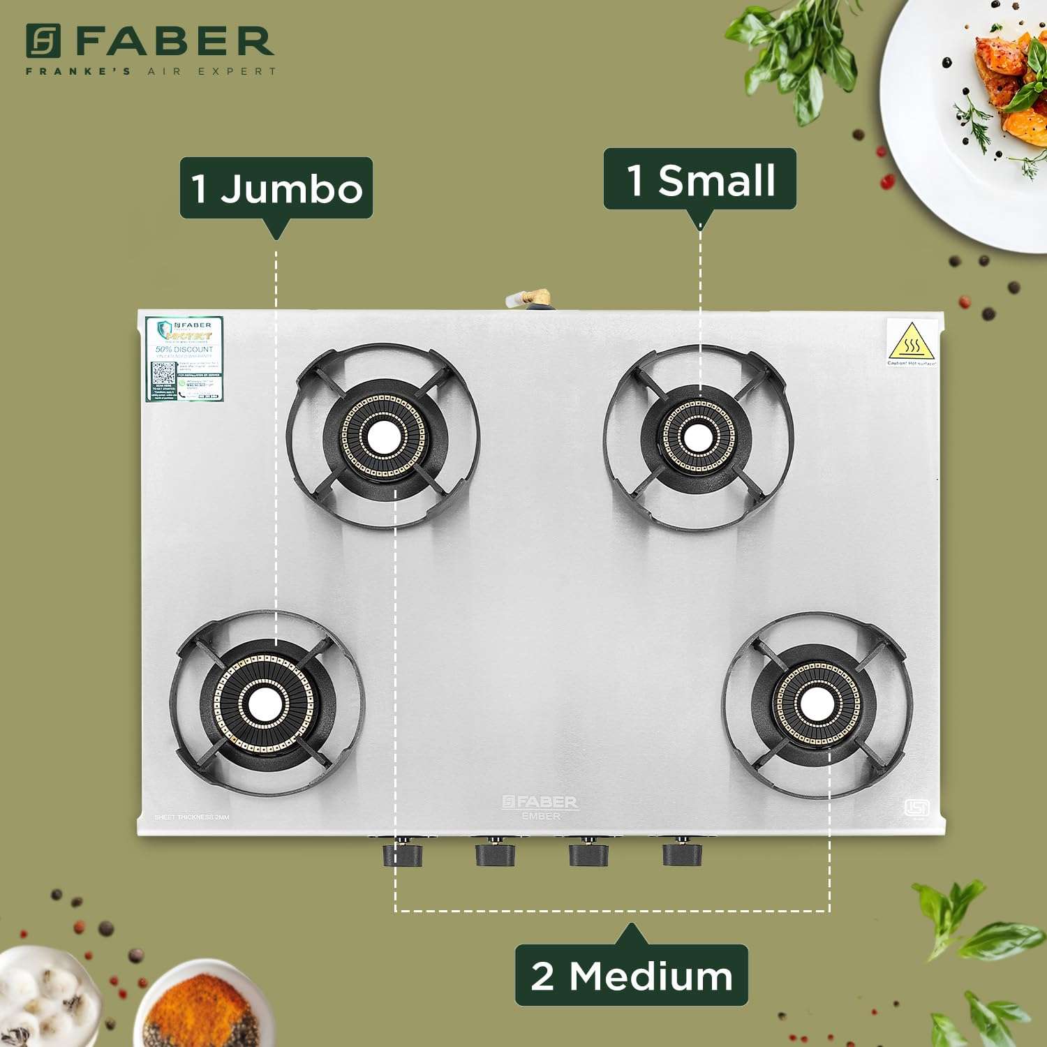 Faber Ember Stainless Steel Cooktop | 4 Brass Burners (Jumbo, 2Medium & Small |Manual Ignition | Diamond-Coated Pan Support |Cooktop Ember 4BB SS CI (4 Burner) 4