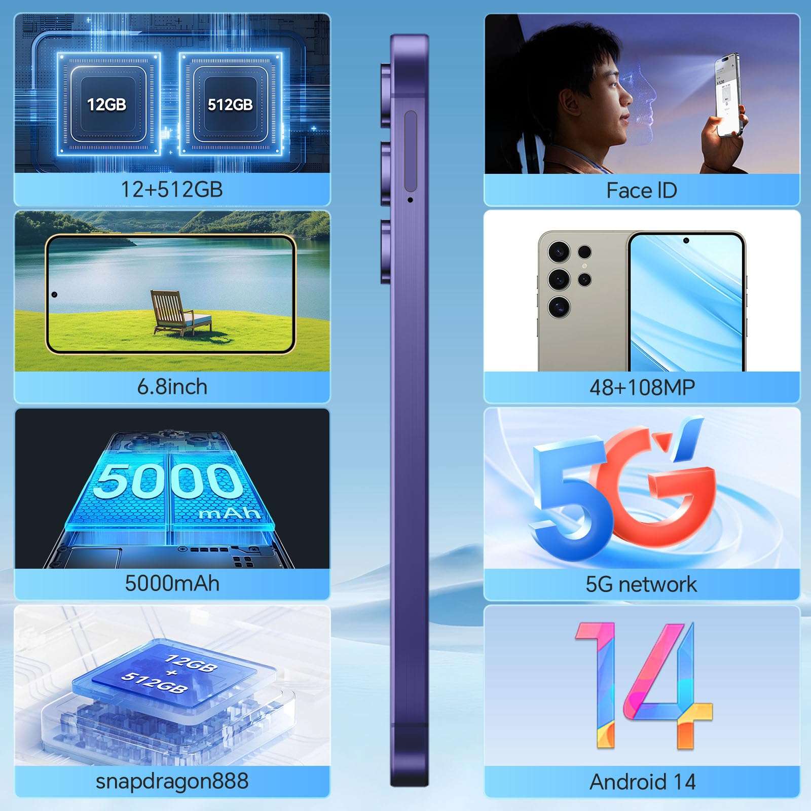 Unlocked Phones, A24 Ultra 5G Cell Phone, 12GB RAM+512GB Storage, Android 14 Smartphone, 6.8'' HD Display, 108MP+48MP Camera, 5000mAh Long-Lasting Battery, Face ID/Dual SIM/WiFi/Bluetooth 5