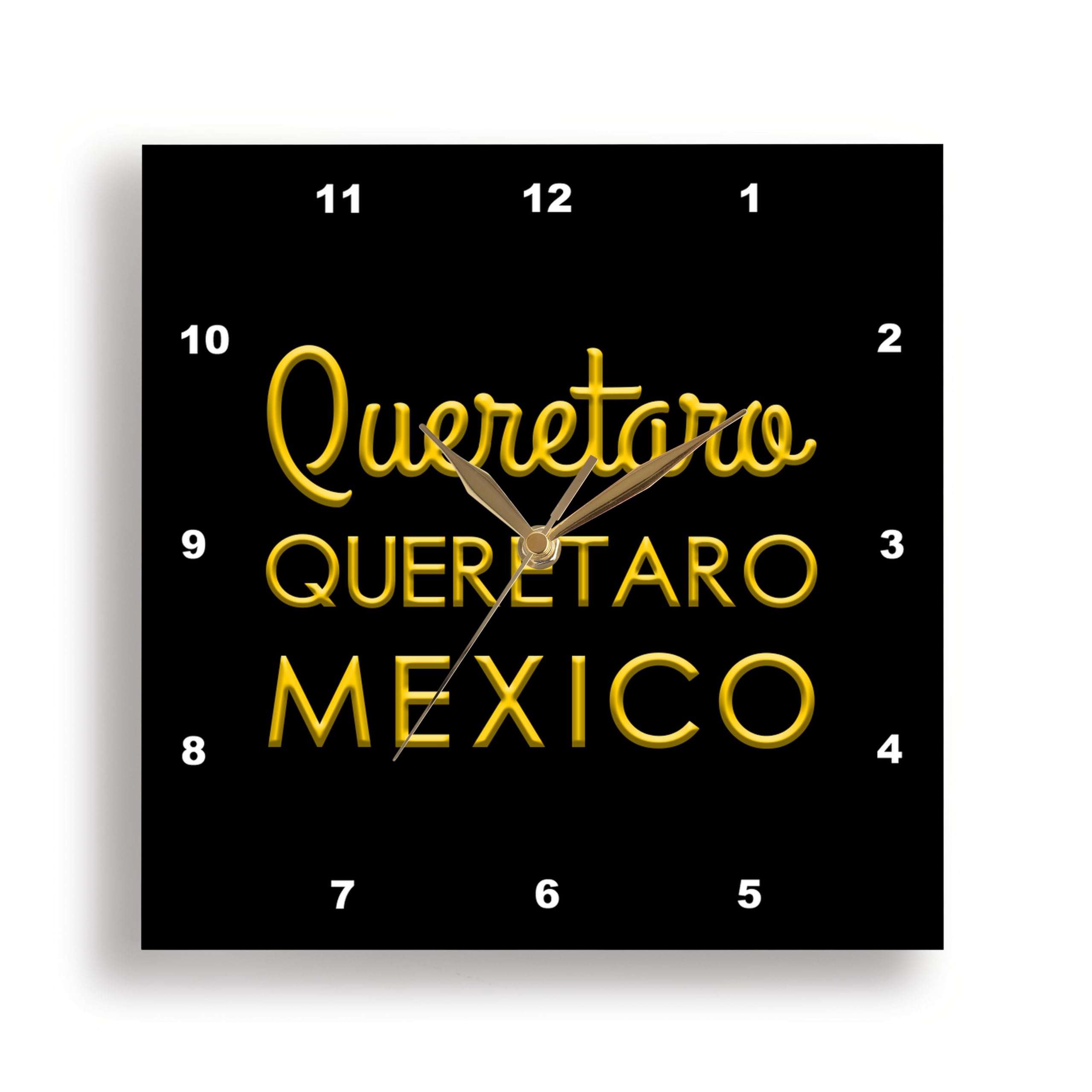 3dRose Wall Clock Silent - 10 inch - Queretaro, Queretaro, Mexico. Yellow Text on Black Amulet, Charm Gift - Alexis Design - Mexican Cities Gold on Black 1