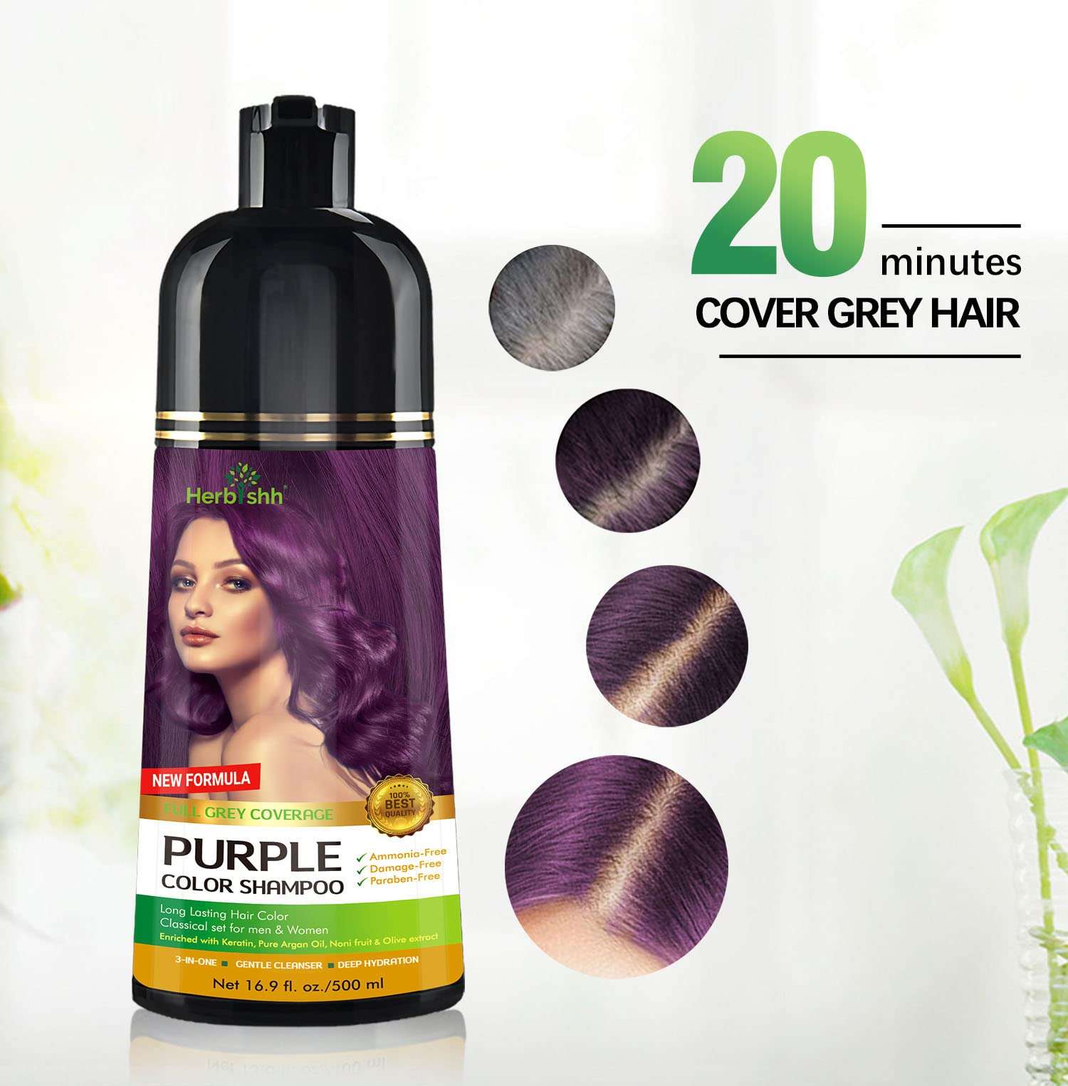 Herbishh Hair Color Shampoo for Gray Hair Purple 500 ML + Hair Color Stain Remover Wipes - Travel Pack With 5 Wipes 5