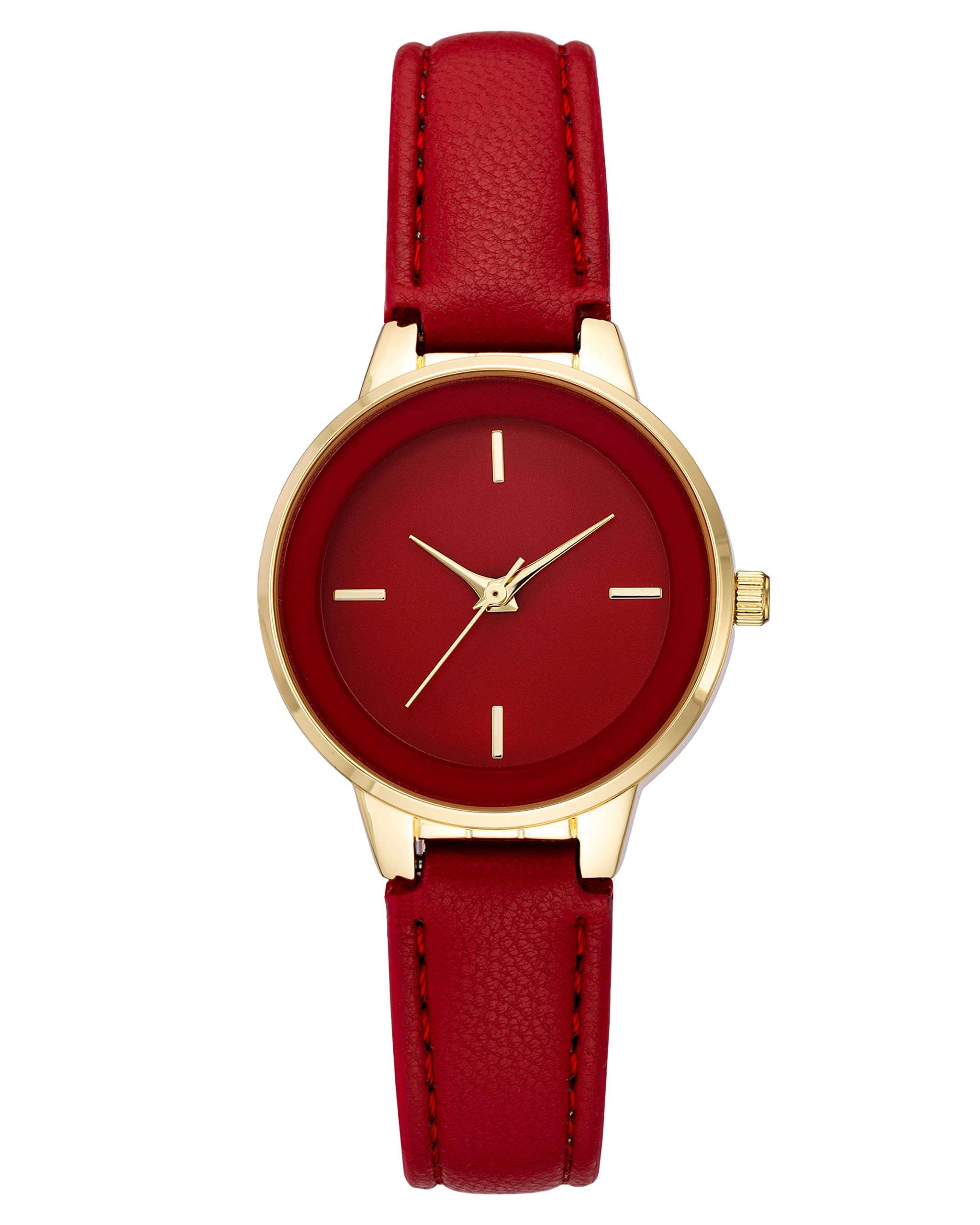 Amazon Essentials Women's Faux Leather Strap Watch, Dark Red/Gold