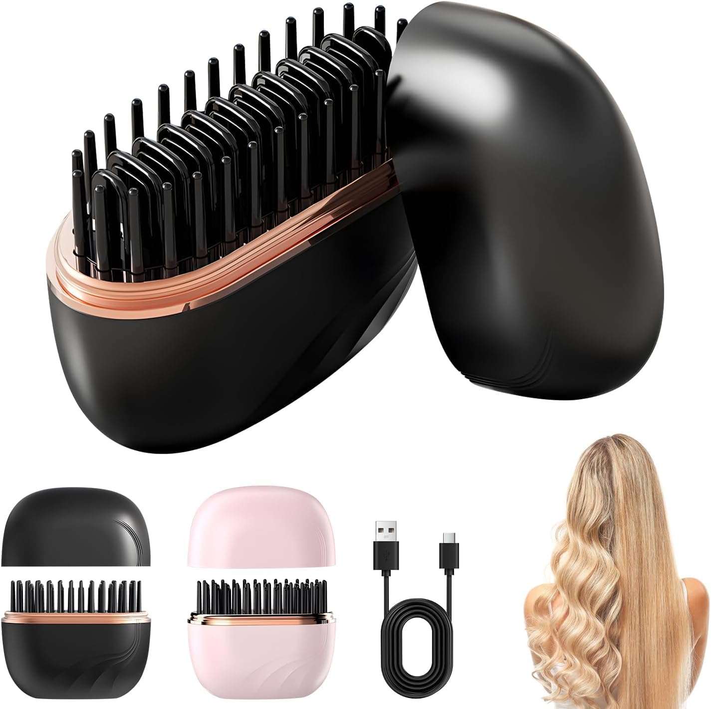 TCCO Mini Cordless Hair Straightener Brush, Rechargeable Portable Hair Straightener Comb with Fast Heating, Anti-Scald Design & Negative Ion, Lightweight Wireless Brush for Travel & All Hair Types 1
