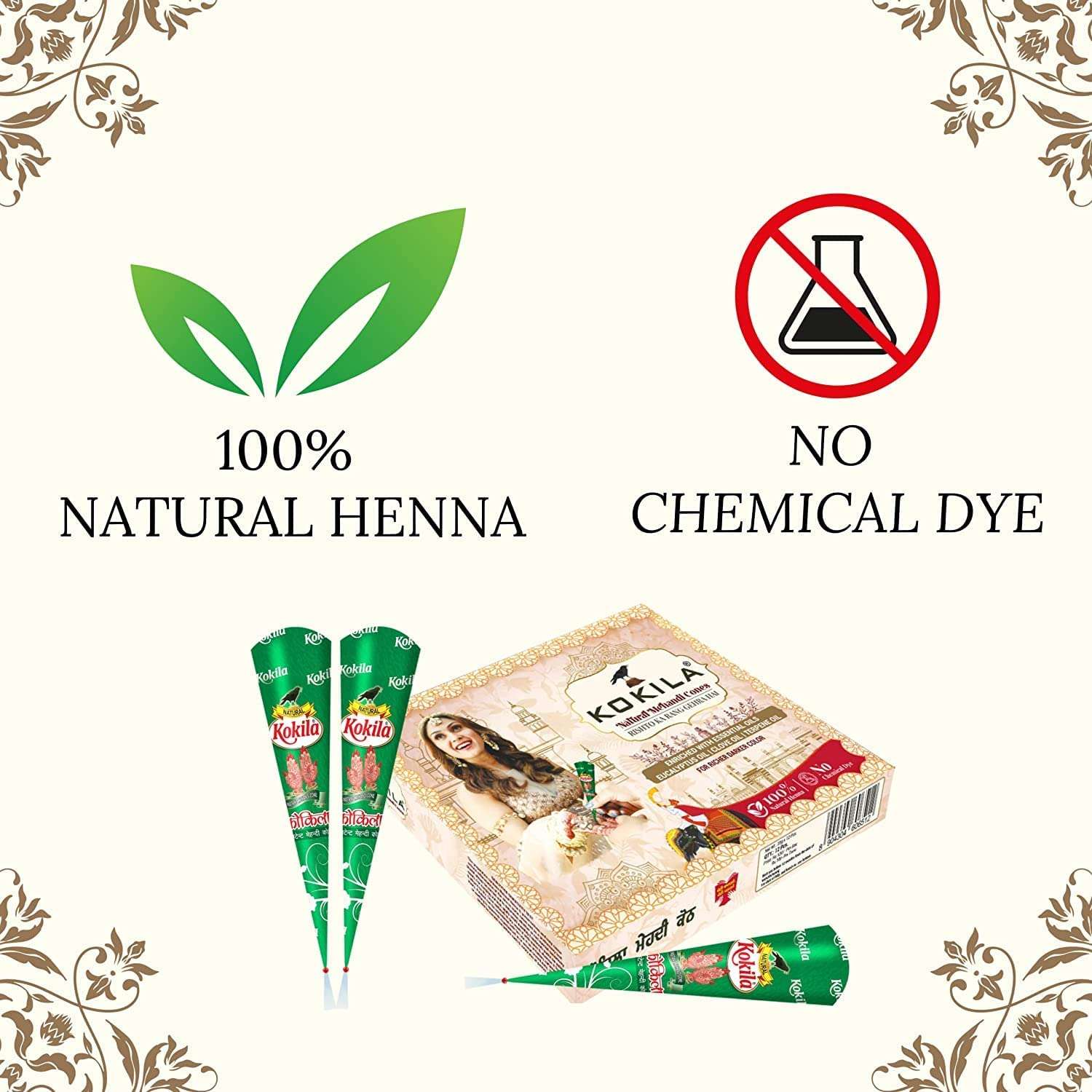 Kokila Natural Mehandi Cones - 3 Box (36 Cones - 25g Each Cone) - Enriched with Essential Oils, Eucalyptus Oil, Clove Oil, Terpene Oil For Richer Darker Color 3