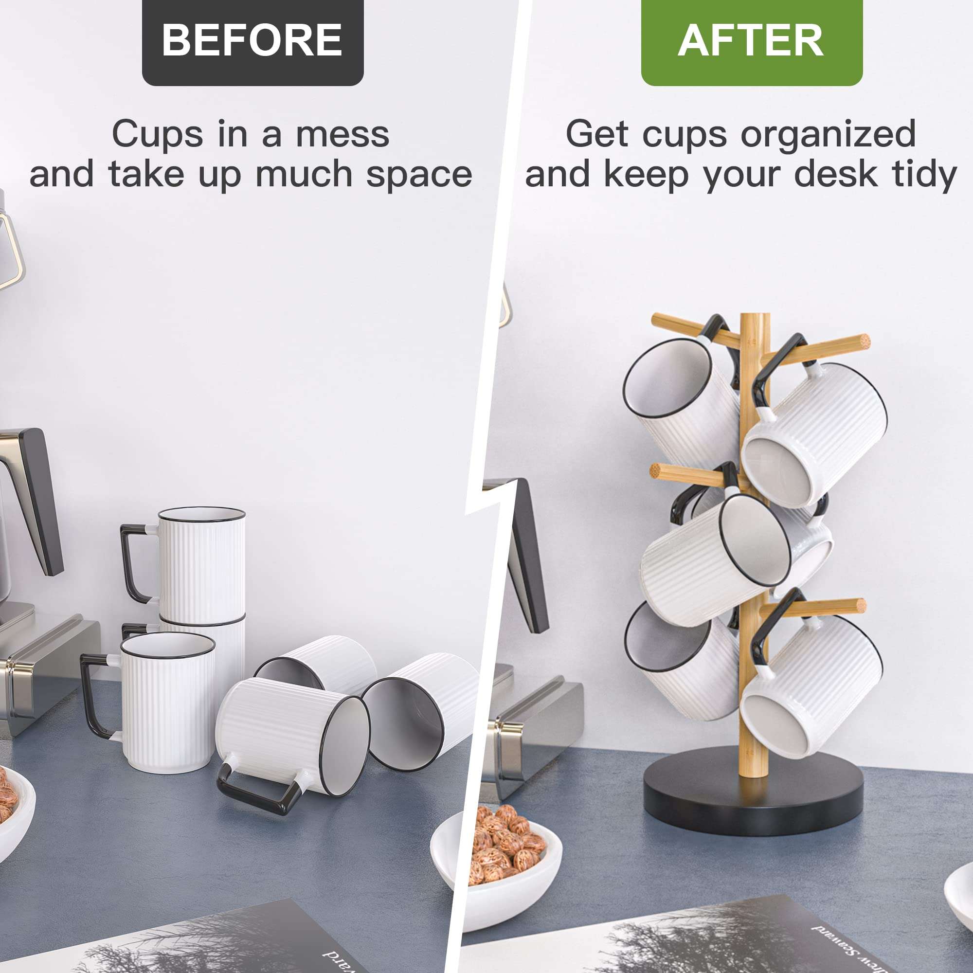 Wisuce Bamboo Mug Holder Tree, Thicker Base Coffee Cup Holder Stand for Counter, Mug Rack with 6 Hooks 4