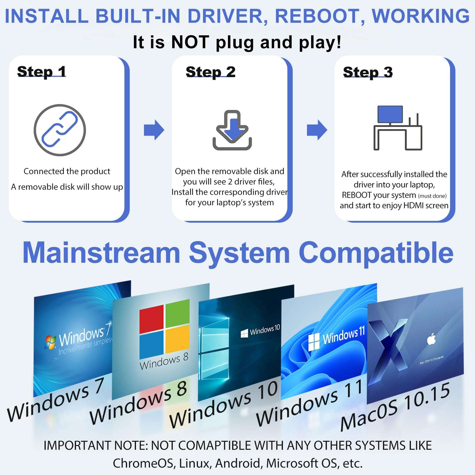 Herfair USB to HDMI Adapter USB A to HDMI Female Converter for Laptop/PC/Computer to 1080P Monitor TV Screen Projector, Support MacOS & Windows 11/10/8.1/8/7, Driver Install Required 3