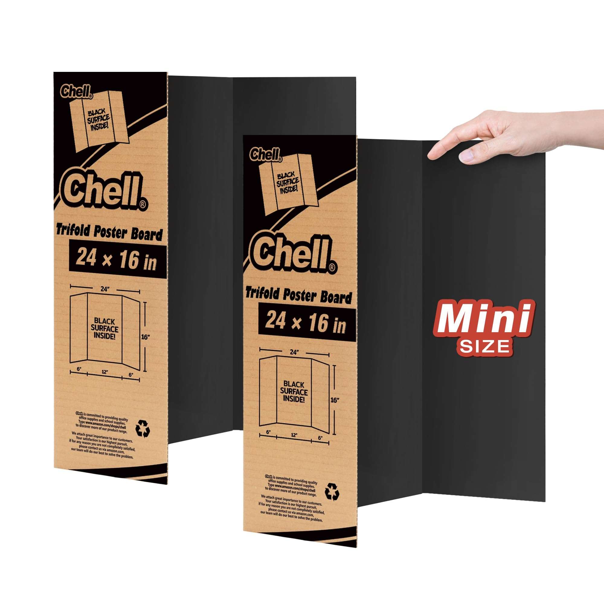 Chell Mini Size Trifold Poster Board, 16" x 24", Small Corrugated Project Boards, Black, 2 Pack