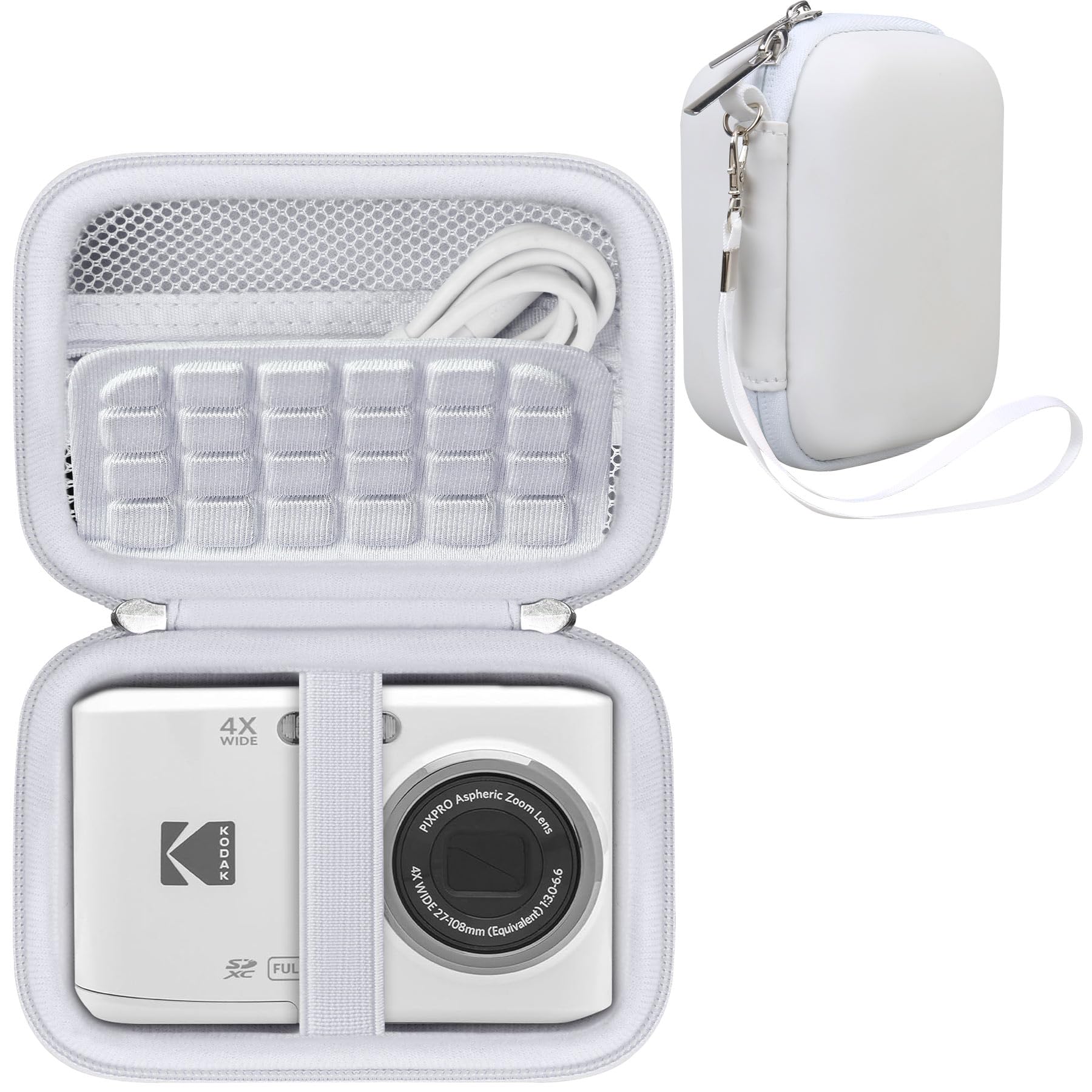 RAIALL Compact Camera Case for KODAK PIXPRO FZ55 / FZ53 / FZ45 Digital Camera, Vlogging Cameras Travel Storage Bag Holder, Mesh Pocket for Charging Cable, SD Card and Batteries, White