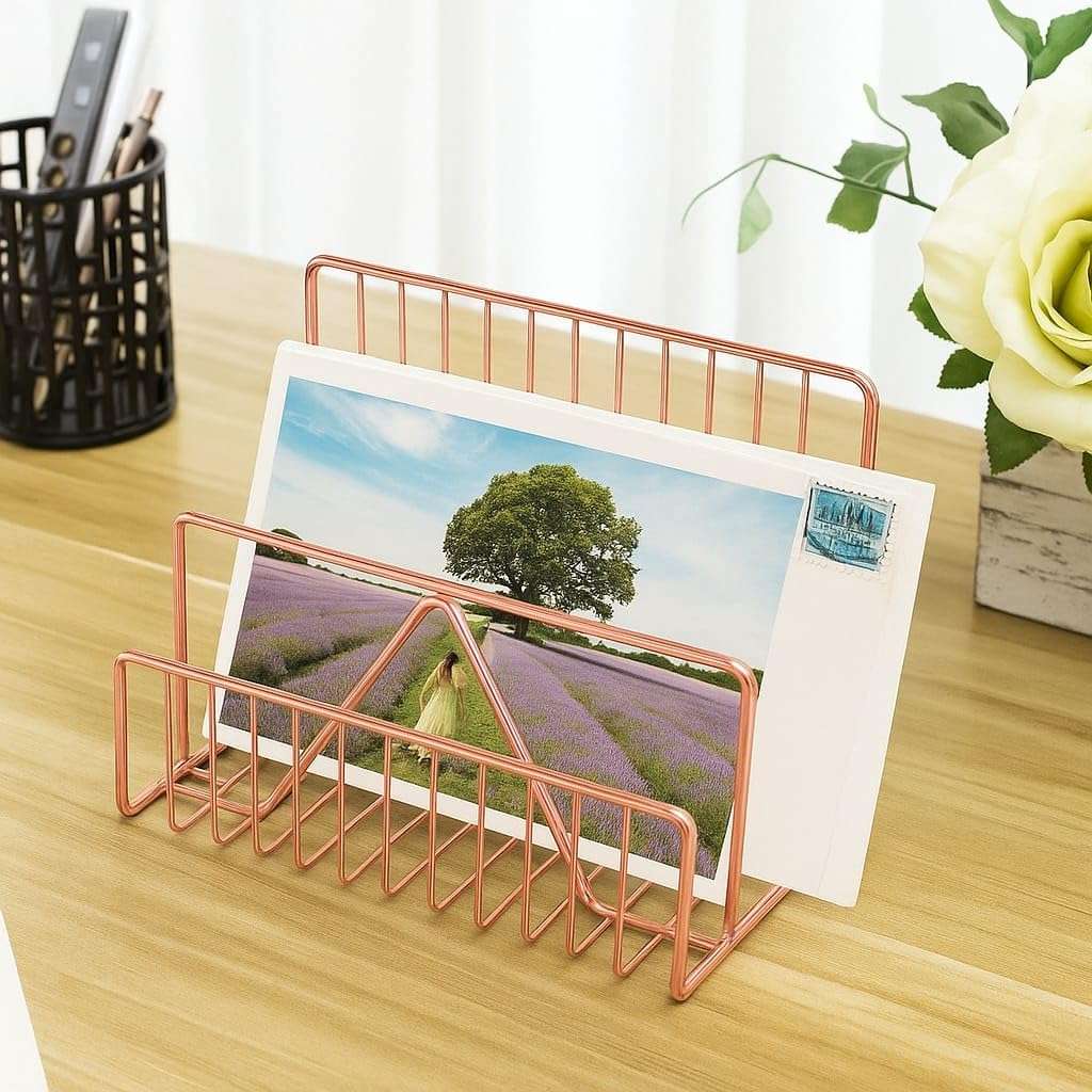 CentraLit File & Magazine Holder - Book Shelf Organiser Small book shelf for table Metal Letter Organiser with 3 Compartments,Letter Document Sorter (Rose Gold),Free Standing,Accent Shelf 5