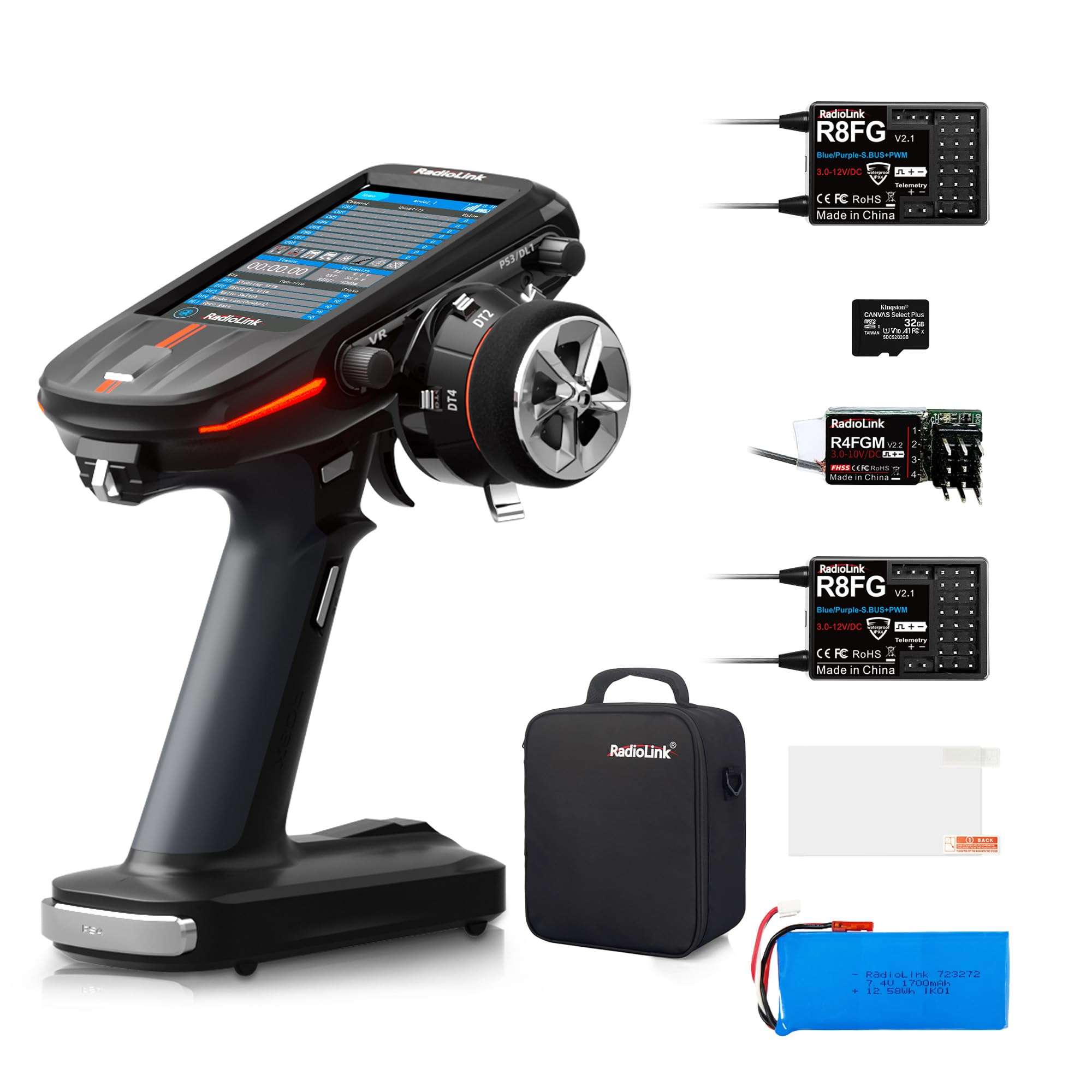 Radiolink RC8X 8 Channels 2.4G RC Transmitter, 2*R8FG V2.1& 1*R4FGM V2.2 Gyro Receivers, 4.3" Touch Screen, Voltage Telemetry Surface Remote Controller, 200 Models for RC Crawler/Drifting/Cars/Boat 1