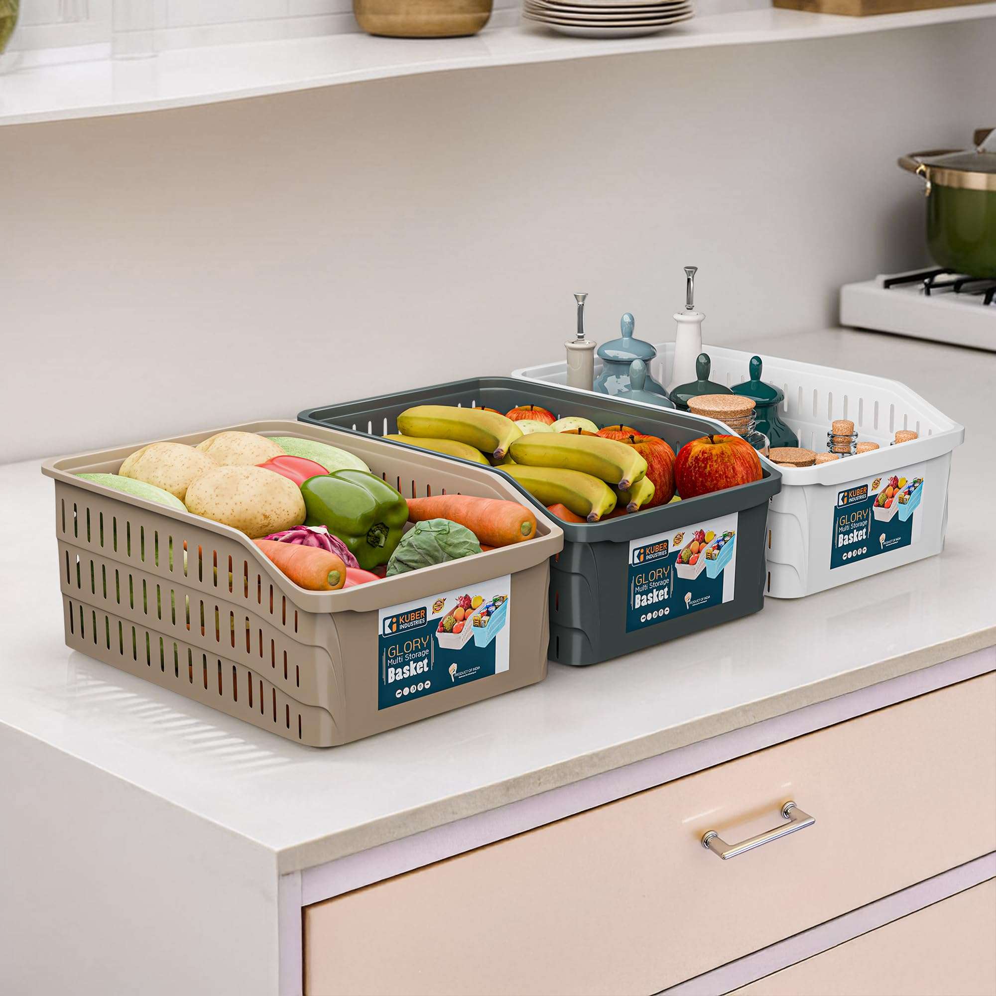 Kuber Industries 5000 ML Set of 3 Plastic Bpa Free Multipurpose Basket for Storage | Fruits and Vegetable Basket for Kitchen and Home Organiser | White, Grey & Beige 1