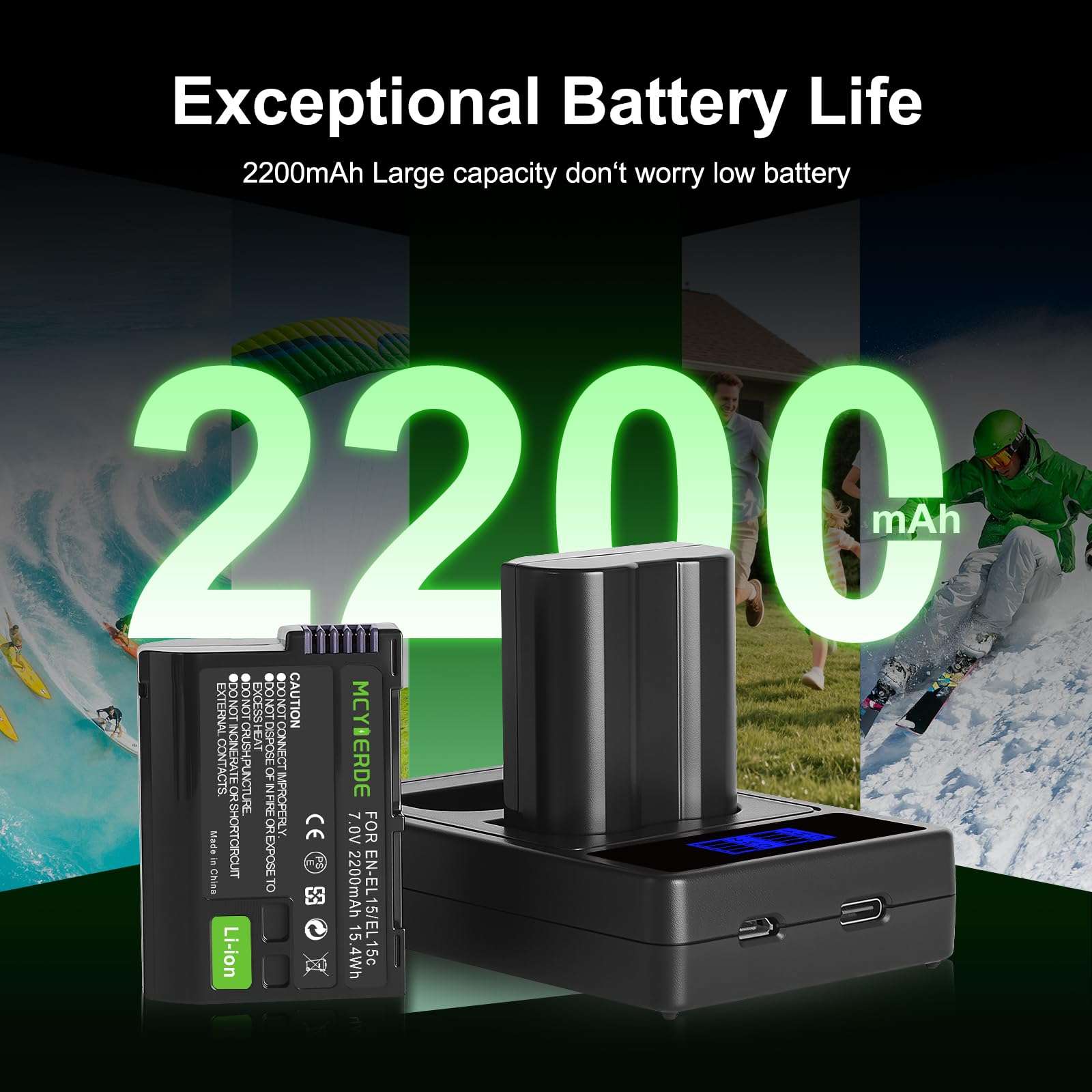 2-Pack EN-EL15 EN-EL15a Battery with Dual USB Charger Compatible with Nikon Z6 Z7 D750 D850 D7000 D7100 D7200 D7500 D500 D600 D610 D780 D800 D800e D810 D810a Cameras 5