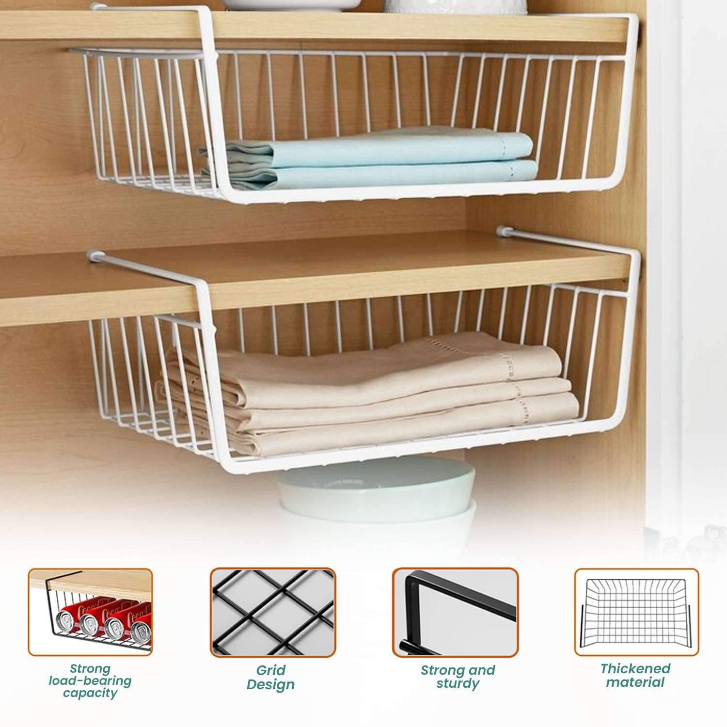 Go Hooked 16 Inch Undershelf Storage Basket Pack of 1 | Multipurpose Under Shelf Organizer | Hanging Wire Basket for Cabinet, Shelf, Pantry, Cupboard, Closet, Desk, and Bathroom (White) 6