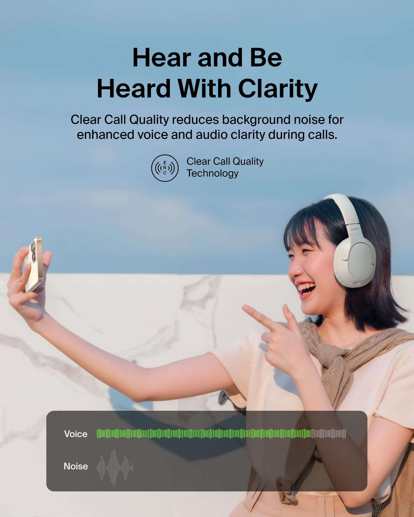 Belkin SoundForm Surround Bluetooth Over-Ear Headphones - Environmental Noise Cancelling Headphones - Wireless w/ 60H Playtime & Soft Ear Cups for iPhone, Galaxy, iPad, Travel, Home, or Office - Sand 3