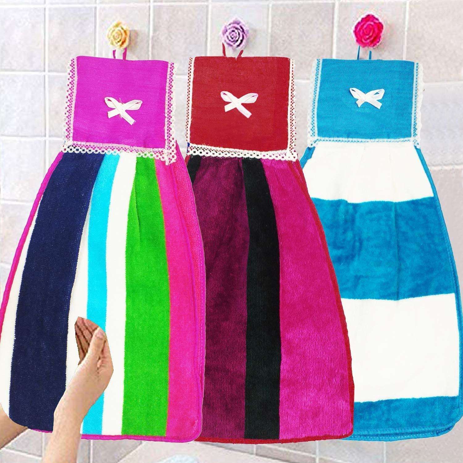 VORDVIGO Double Sided Printed Soft Cotton Hanging Hand Towel Napkin for Wash and Kitchen Basin (Multicolor) - Pack of 3 1