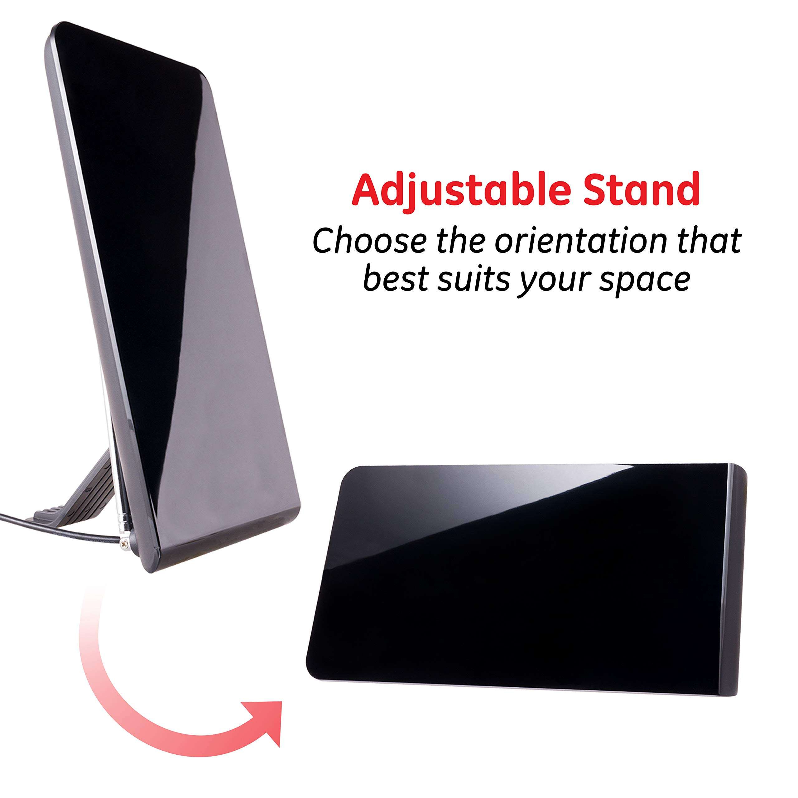 GE Flat Panel Indoor HD Digital TV Antenna, Long Range Smart TV Antenna, Supports 4K 1080P HD Smart TV VHF UHF, Extendable Dipole Rabbit Ears, Adjustable Stand, 5ft Coax HDTV Cable, 33681 4