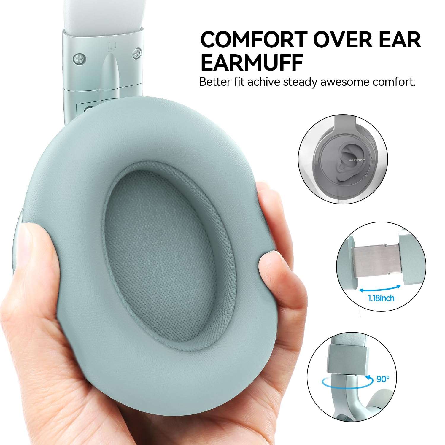 AUSDOM Wireless Noise Cancelling Headphones Bluetooth, E7 Over-Ear ANC Headphones with Microphone, 50Hrs Playtime, Hi-Fi Stereo Sound, USB C Charge, Comfortable Earpads for Travel Work, Mint Green 6