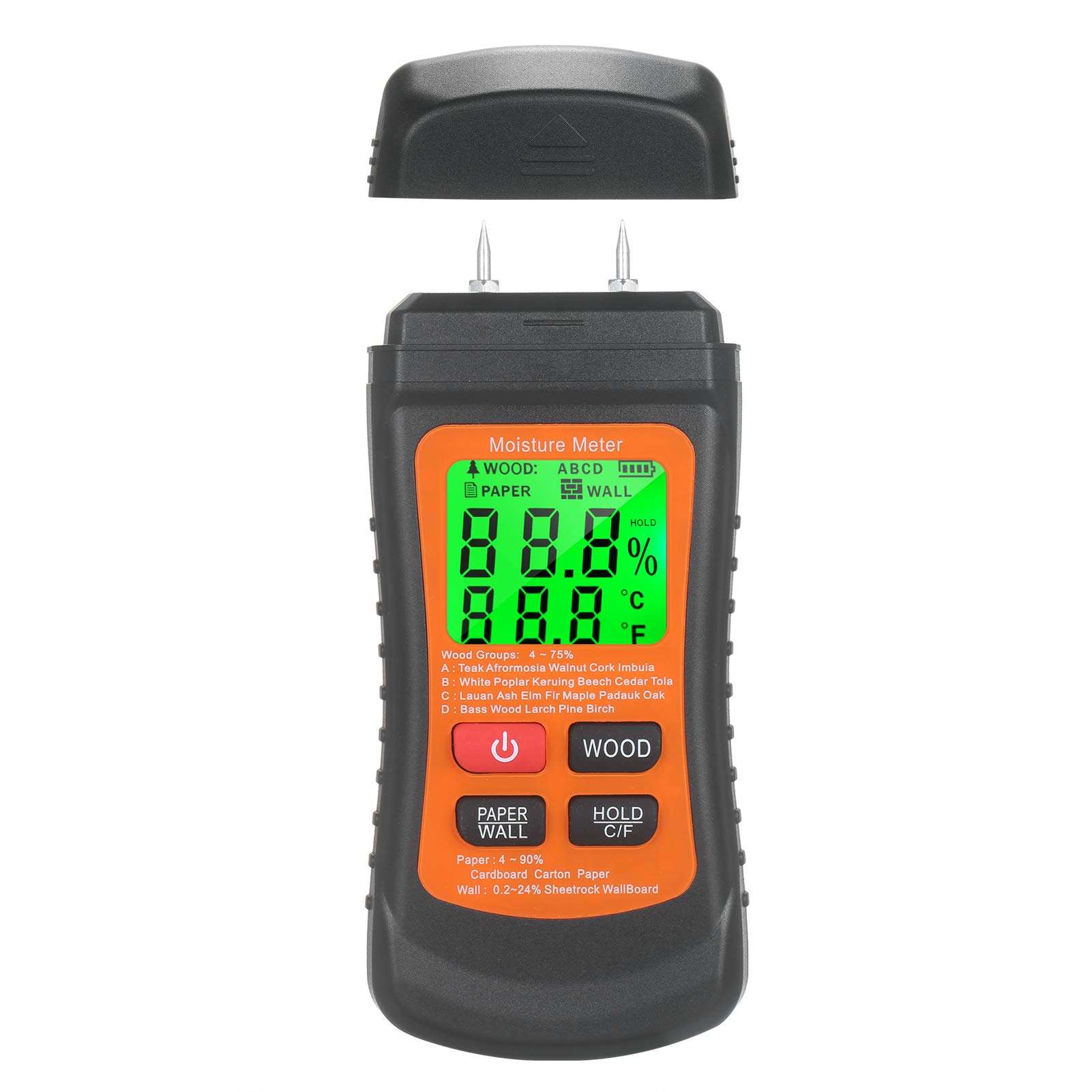 Moniel Wood Moisture Meter LCD Digital Damp Moisture Tester with Green Backlight Pin Type Water Leak & Moisture Detector with Wood & Paper & Wall 3 Modes Data Hold ℃/℉ Temperature Meter for Wood Wall 1