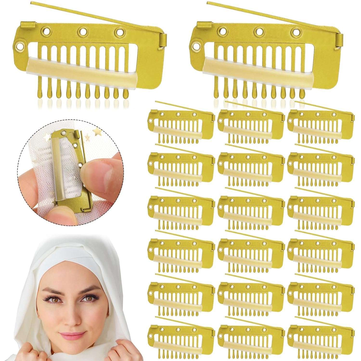 INHEAVEN 100 Pieces Chunni Clips with Safety Pins 10 Teeth Wig Clips Strong Dupatta Grip Clip Flat Dupatta Setting Clips Hair Extension Clips for Woman Hijab Veil Hair Extensions Hairpieces (Gold) 1