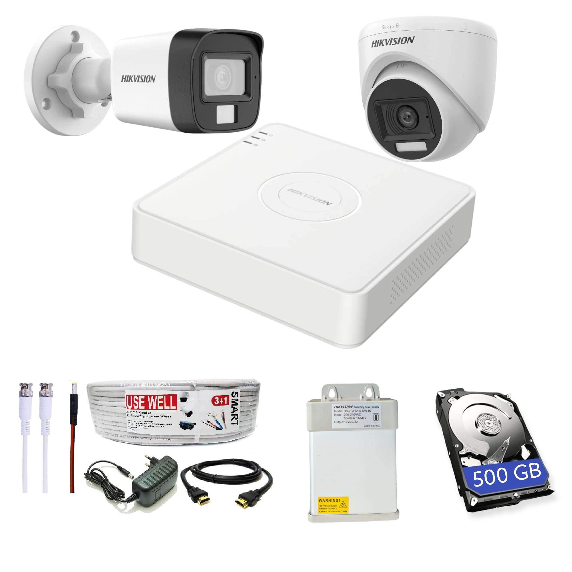 HIKVISION Full HD 4 Channel DVR, 2 MP 1 Outdoor & 1 Indoor Cameras [COLOR NIGHT VISION + BUILT-IN AUDIO MIC + SMART DUAL LIGHT + MOTION DETECTION]+500 GB HDD+4 Ch SMPS, USEWELL Cable+BNC/DC Set, WHITE