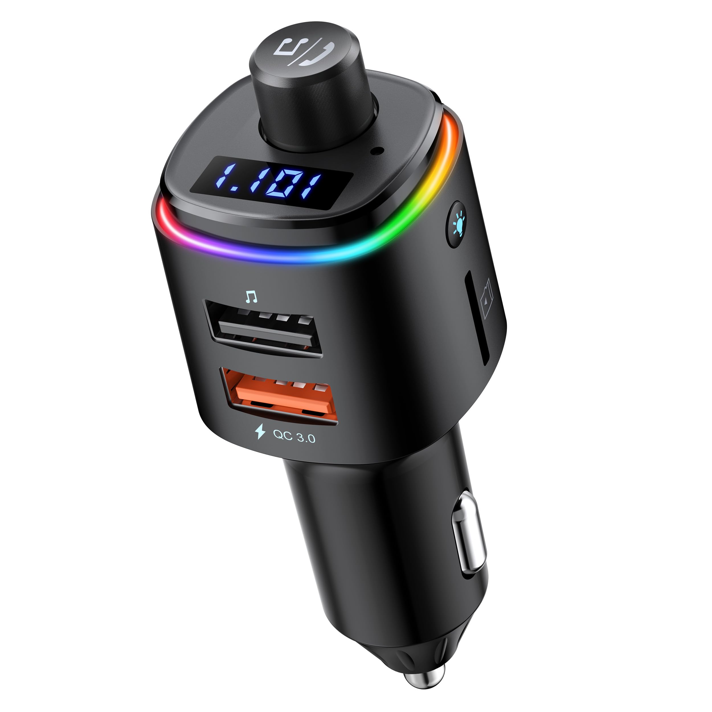 Nulaxy Bluetooth FM Transmitter for Car, 7 Color LED Backlit Bluetooth Car Adapter with QC3.0 Charging, Support Siri Google Assistant, USB Flash Drive, microSD Card, Handsfree Car Kit - NX09 Silver
