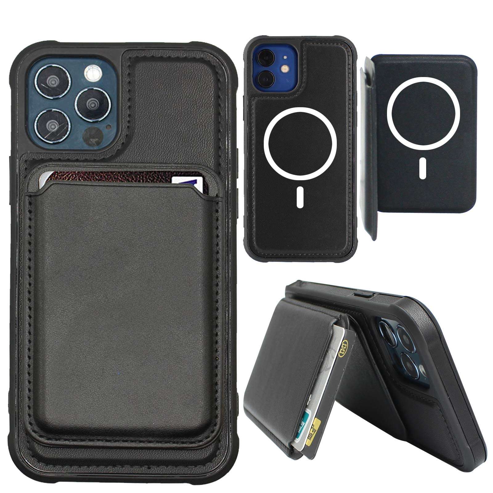 Compatible with Apple Leather case with MagSafe Holder Card Holder (for iPhone 12pro max) Shockproof Back Cover, Shockproof Mobile Phone case Protection, Compatible with Magnetic Charger (Black) 1