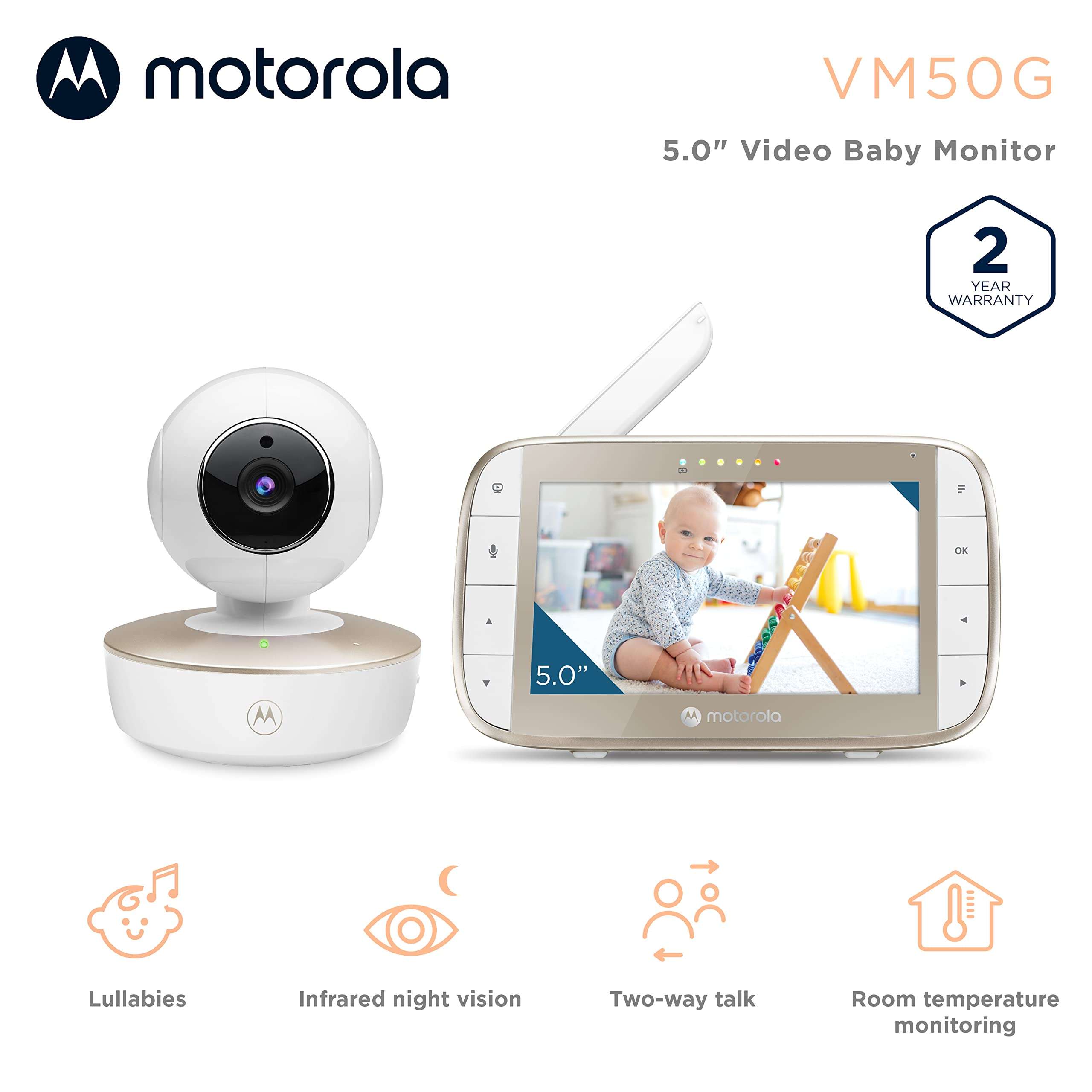 Motorola Nursery Baby Monitor with Camera and Audio, No WiFi Needed VM50G with Temperature Sensor, Remote Zoom & Tilt, Night Vision, 5" Screen, 2-Way Audio, Lullabies 2