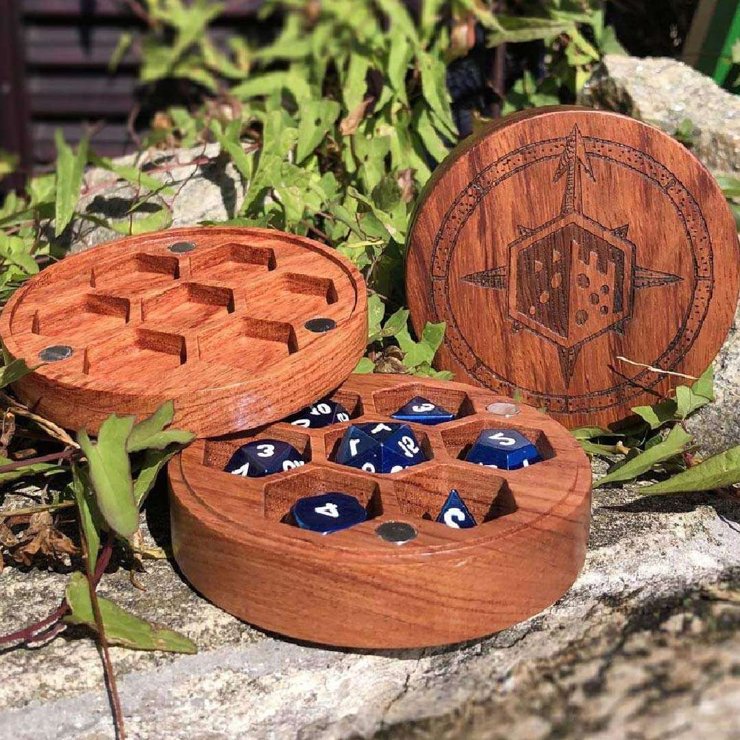 Rose Wood Dice Chest with Compass Rose Design & Magnetic Lid RPG dice set tabletop role-playing DnD Magic the Gathering Dice Counters and Tabletop Games Rosewood Designs 4