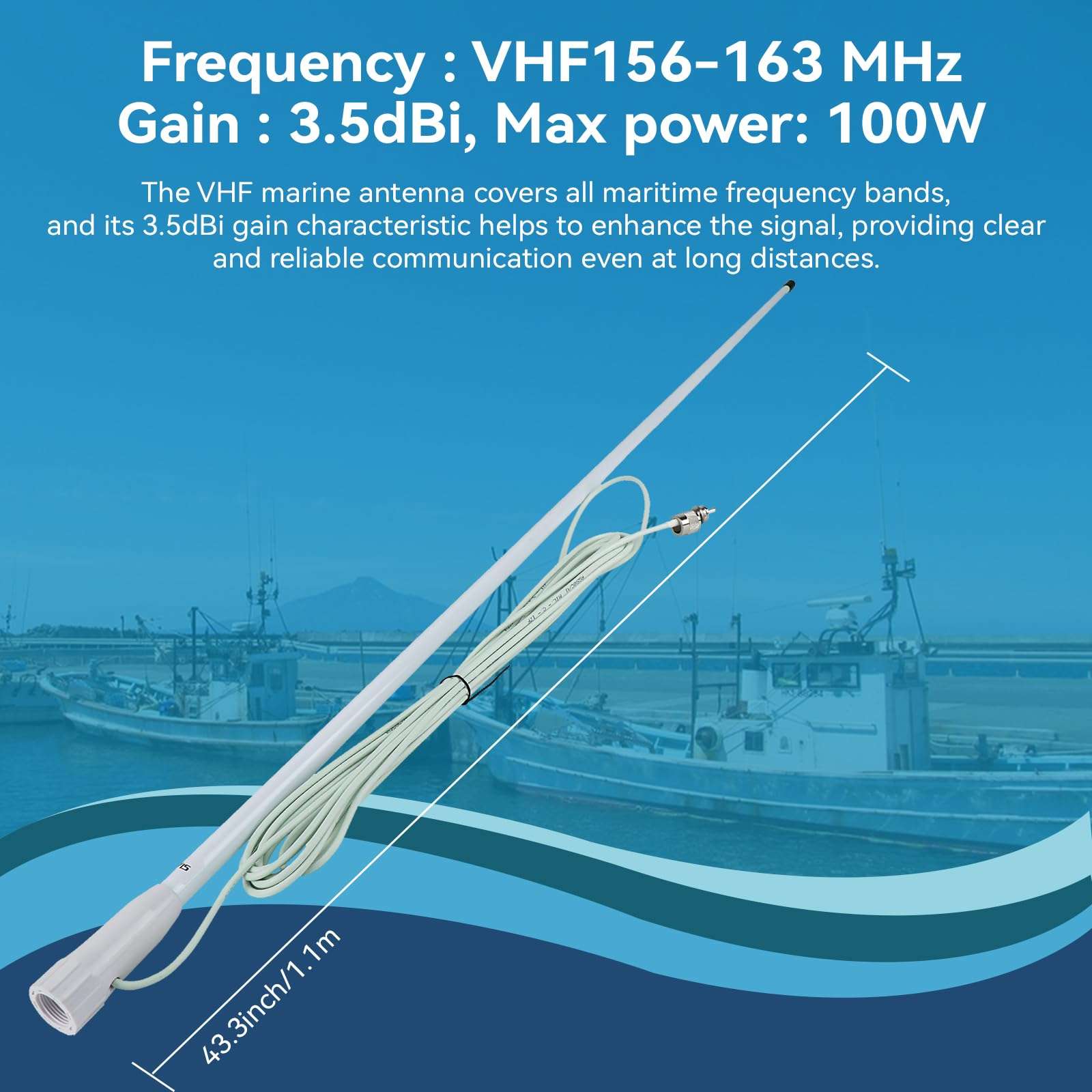 Retevis MA06 VHF Marine Antenna, 3.5dBi Fiberglass Waterproof Boat Antenna, 23 Ft/7 m RG-58 Coaxial Cable with PL-259 Connector Ratchet Mount, for Retevis RA27 RM20 VHF Marine Radio, 43.3Inch (1 Pack) 4