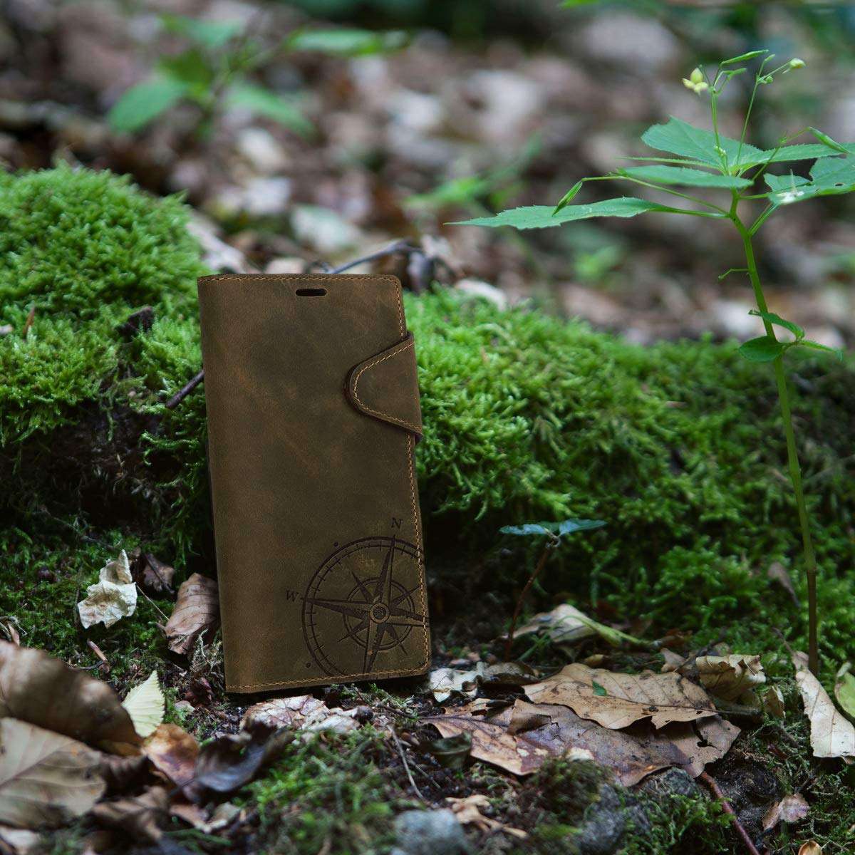 kalibri Case Compatible with Samsung Galaxy A70 - Wallet Case Real Leather Book Style Cover with Card Slot - Navigational Compass Brown 2