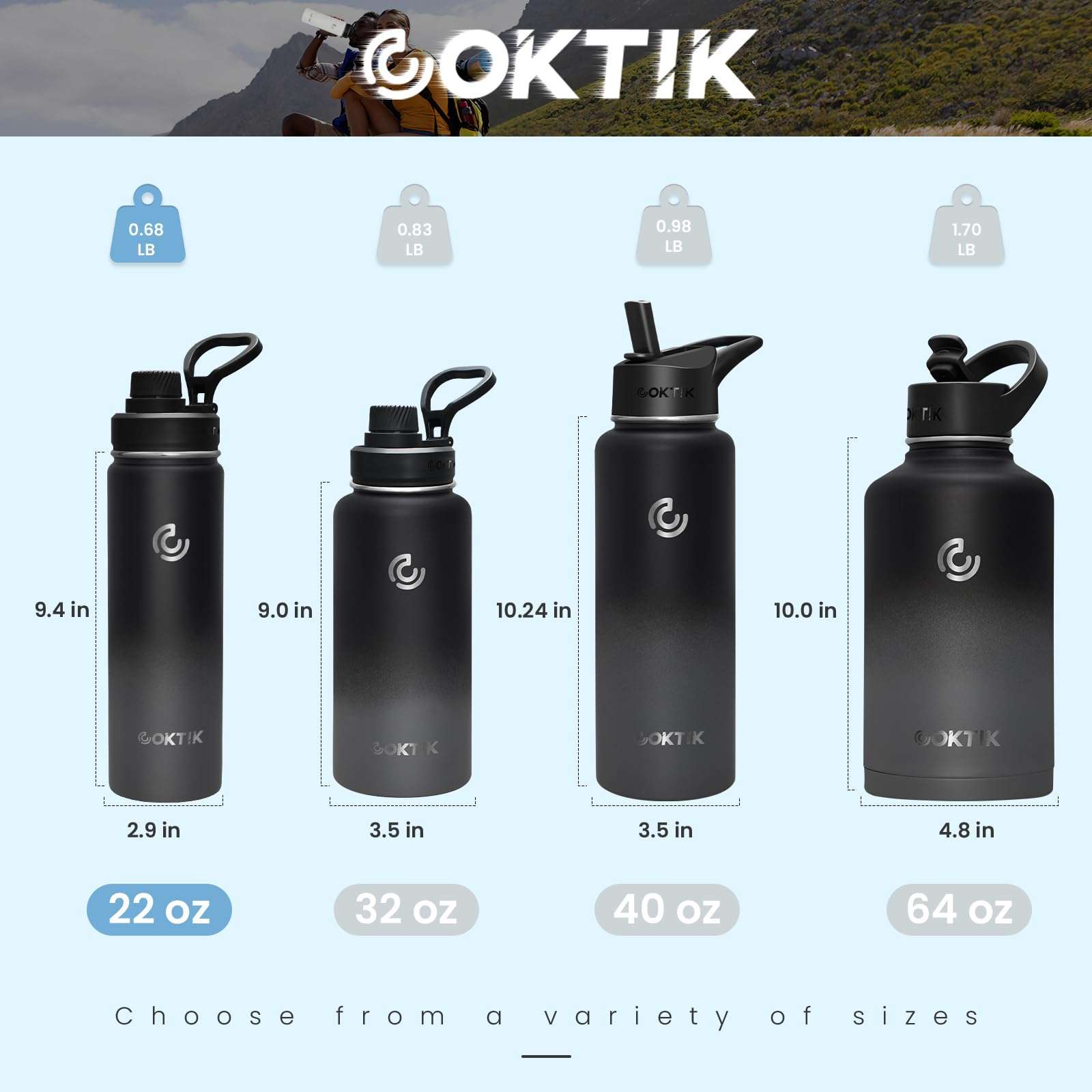 COKTIK Insulated Stainless Steel Water Bottle With Straw Lid, 22 oz Wide Mouth Double Wall Vacuum Insulated Water Bottle Leakproof Lightweight for Hiking, Biking, Running(Gray Gradient) 6