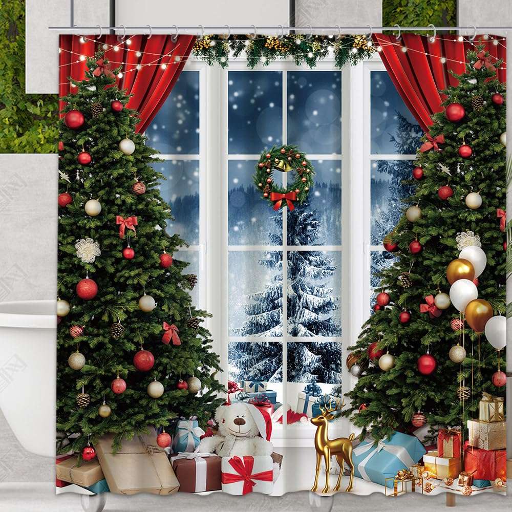 TOKTILIKT 72 x 72 Inches Christmas Tree Shower Curtain White Window Xmas Gifts Pine Snowy Bathroom Decoration Polyester Fabric Home Bathtubs Supplies 6