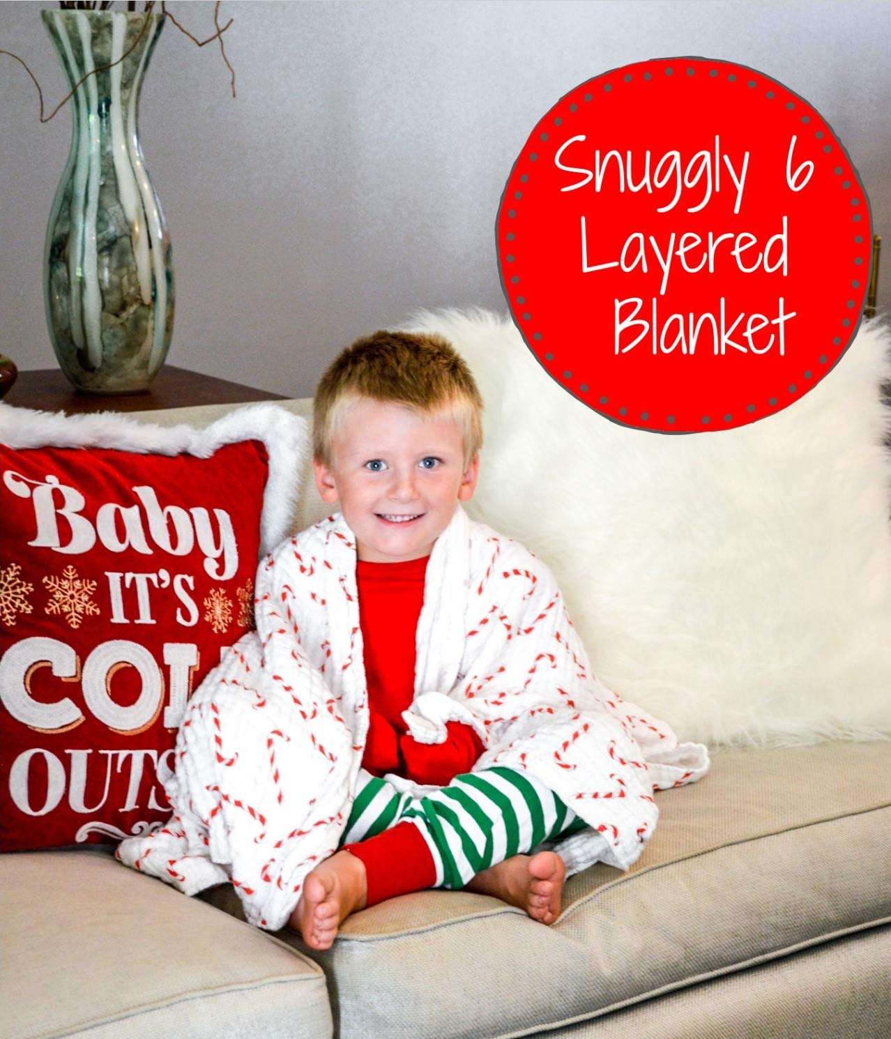 LollyBanks 100% Cotton Muslin Quilt, Large Christmas Candy Cane Throw | Boy, Girl or Gender Neutral Holiday Receiving Blanket for Baby Shower | 6 Soft, Breathable, Lightweight Layers 4