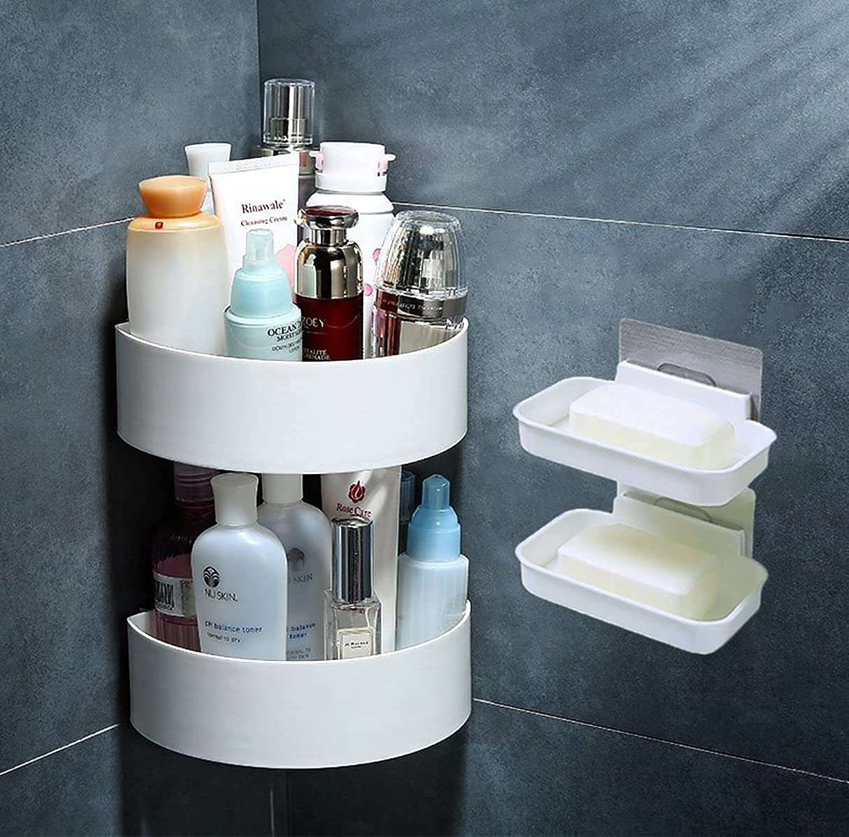 Sarth Shopobox Plastic (2 Pc with 2 Soap Cases) Round Corner Kitchen Bathroom Shelf Self-Adhesive Sticker Hooks Multipurpose Wall Holder Bathroom Storage Rack Box Strong Shower Rack Shelf - White 1
