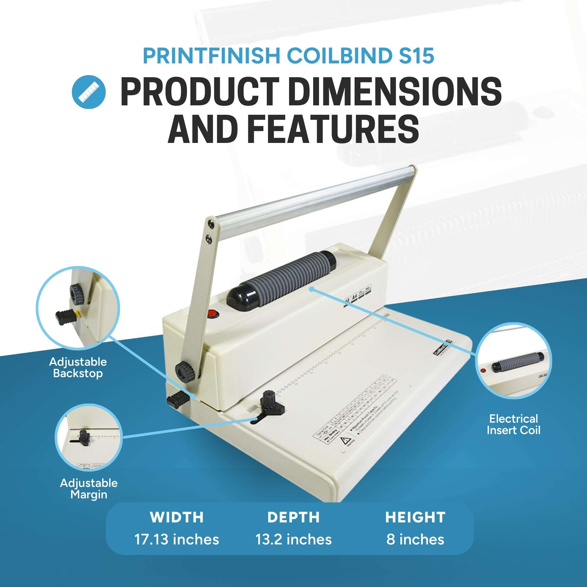 PrintFinish Coilbind S15 with Electric Coil Inserter Manual Coil Punch & Binding Machine Pitch 4:1 - Professionally Bind Presentations and Documents - Printfinish - Strong and Durable Machine 2
