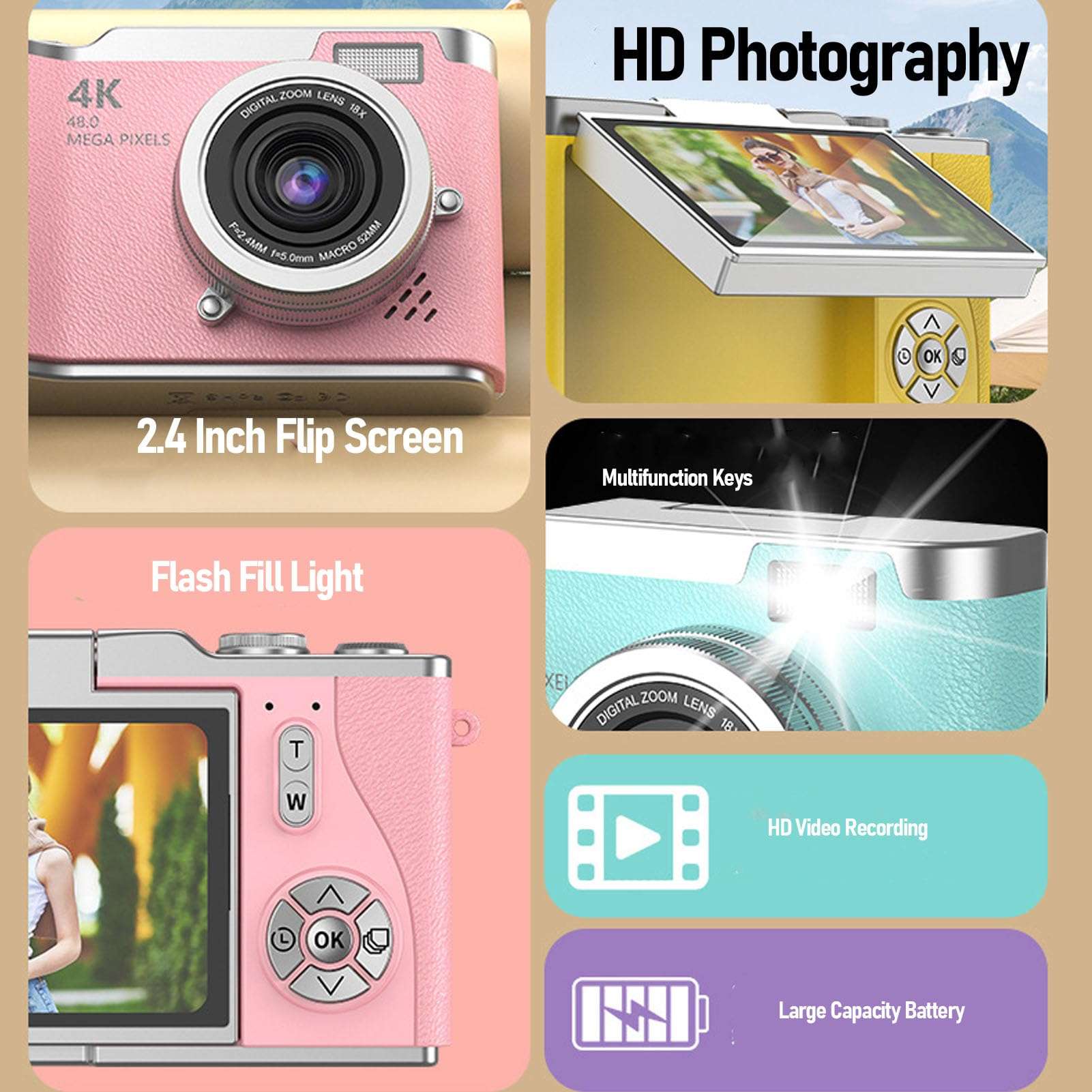 Digital Camera for Photography, 48MP Camera with 2.4 Inch 180 Degree Flip Screen, Auto Focus 18X Digital Zoom, Compact Travel Camera, for Teens Beginner 3