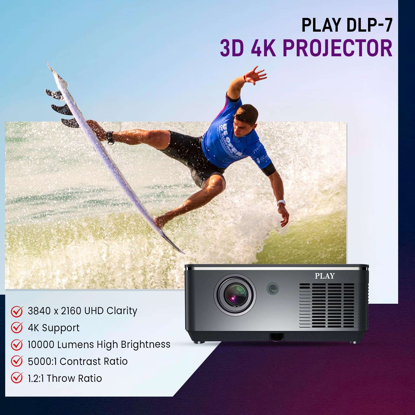 PLAY DLP-7 3D Active Smart DLP LED 4k Projector with Latest Android, High Brightly Brightness with Higher Resolution Crystal Clear Big Cinematic Display & Inbuilt All Functions for Smart connectivity 5