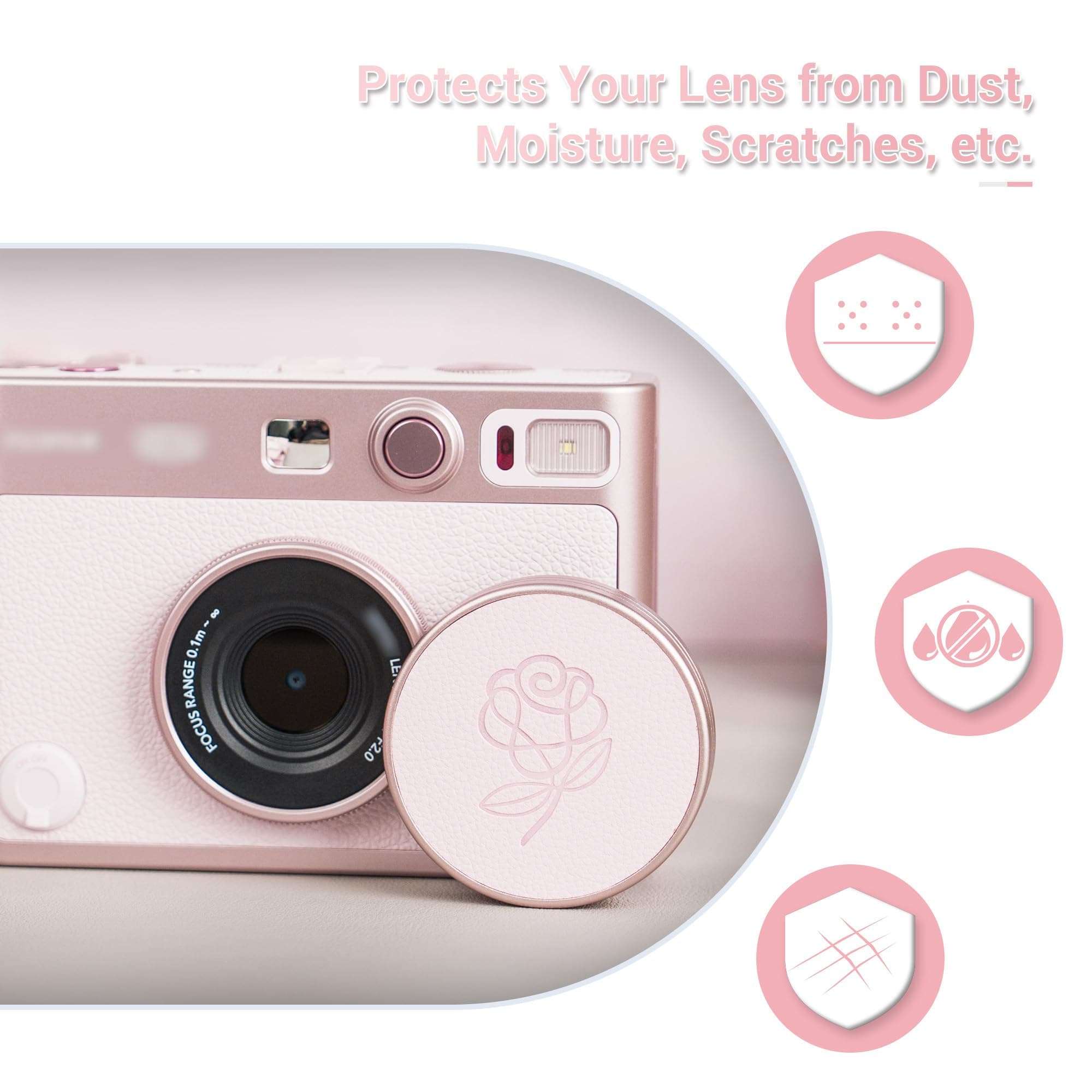 Pink Lens Cap for Fujifilm Insta Mini EVO, Retro Leather Aluminum Anti-Dust Anti-Scratches Lightweight Camera Lens Cover with Rose Pattern, Accessories for Fuji Mini Evo Lens Protection Cover 5