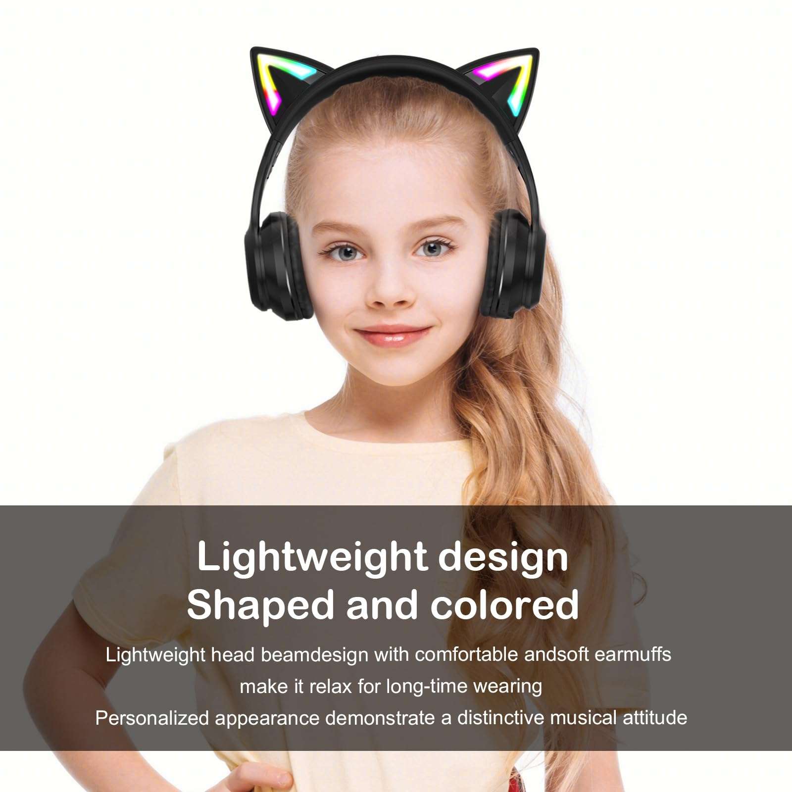 TaChaLa Black Girls Light Up Cat Bluetooth Headphones for Kids Little Girl Kid Kitty Headphones for Girls Toddler Headphone Cat Ears Kids Earphones Wireless for Tablet Toddlers 3