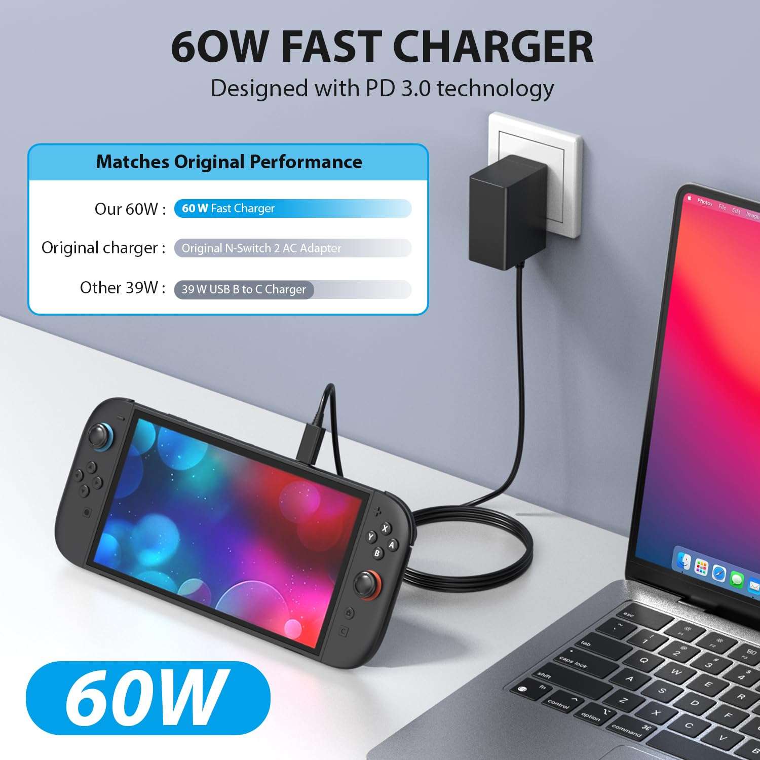 Switch 2 Charger - 60W AC Adapter for Nitendo 2(2025) with 6.6FT Long Cable, Support 4K TV Dock, PD 3.0 Fast Charging Power Supply 20V/3A Accessories [Official Switch 2 Charger Replacement] 4