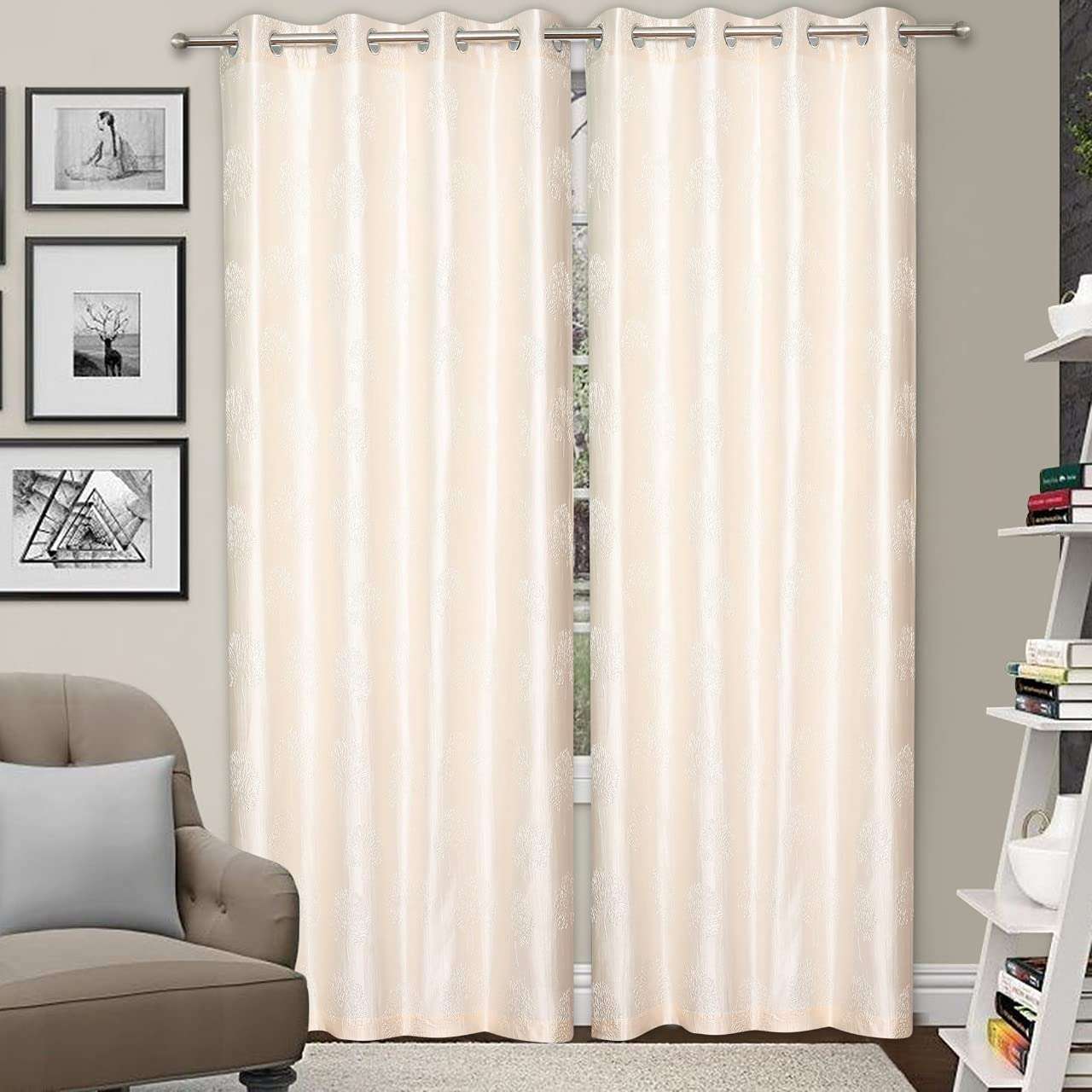 GRIHSHOBHA Heavy Polyester Tree Punch Grommet Top Room Darkening Combo Panel Drape Thermal Insulated Window Door Curtains Parde for Bedroom, Living Room Home (Door 7 Feet, Cream Aqua) - Set of 3 3