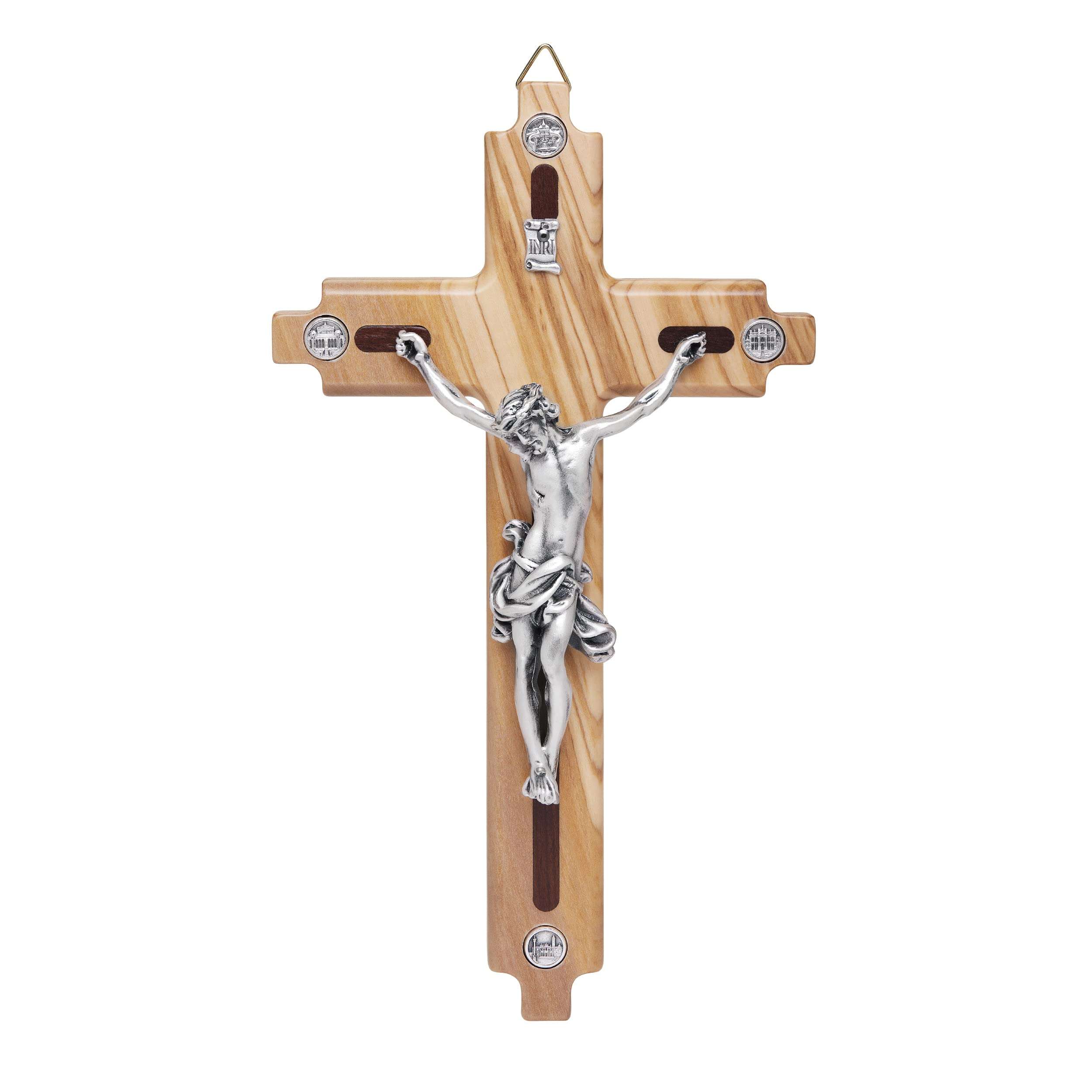 Mondo Cattolico - Crucifix wall cross Catholic Benedict During Pope's Angelus, Olive Wooden Crucifix with the Four Major Roman Basilicas Medals - Jesus Crucifix 8.26"x 4.72" - Ideal Catholic Gift 1