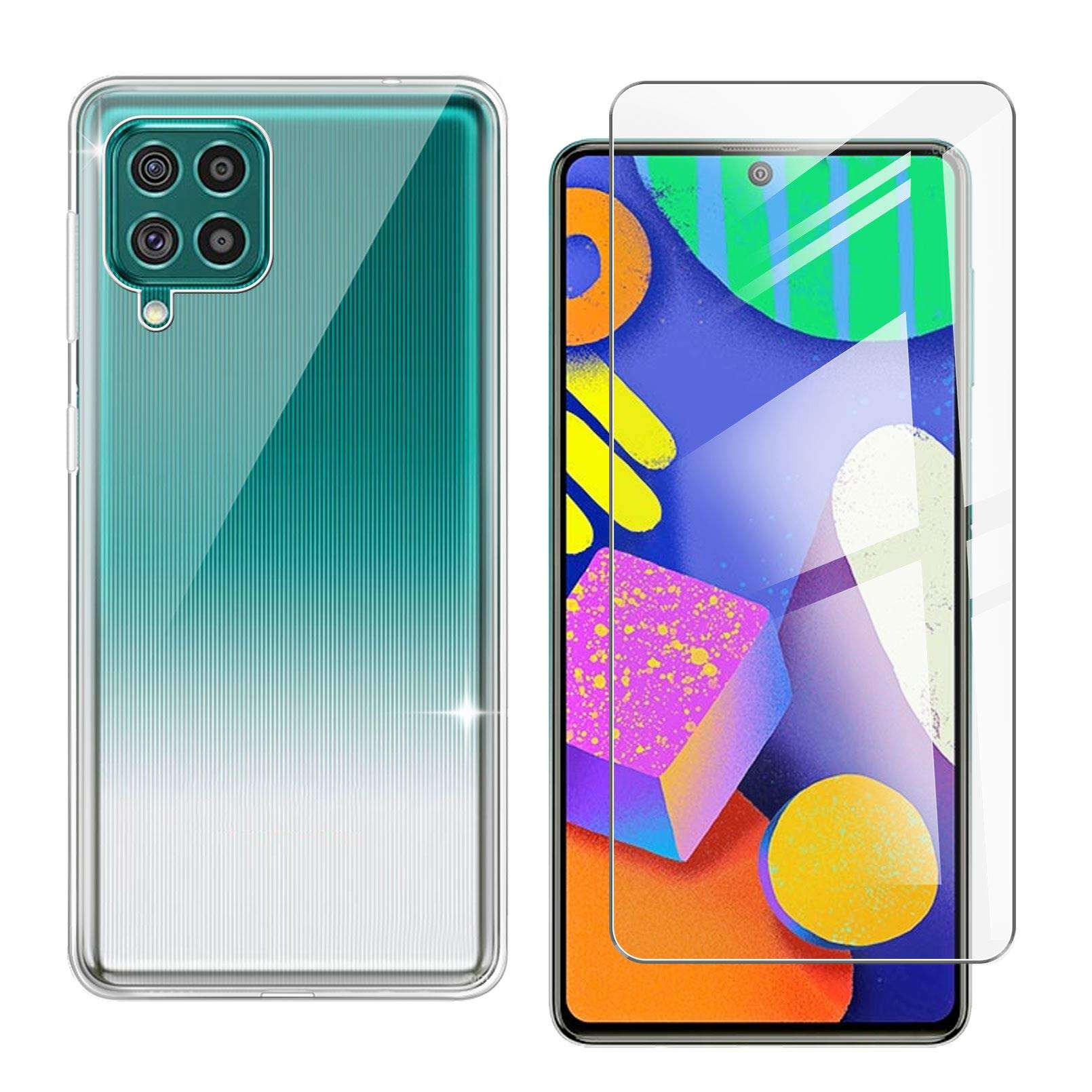 HHUAN Phone Case for Samsung Galaxy M62 (6.70 inch) with Tempered Glass Screen Protector, Clear Anti-Yellowing Soft Silicone TPU Back Shell, for Samsung Galaxy M62 Anti-Scratch Bumper Cover - Clear 1