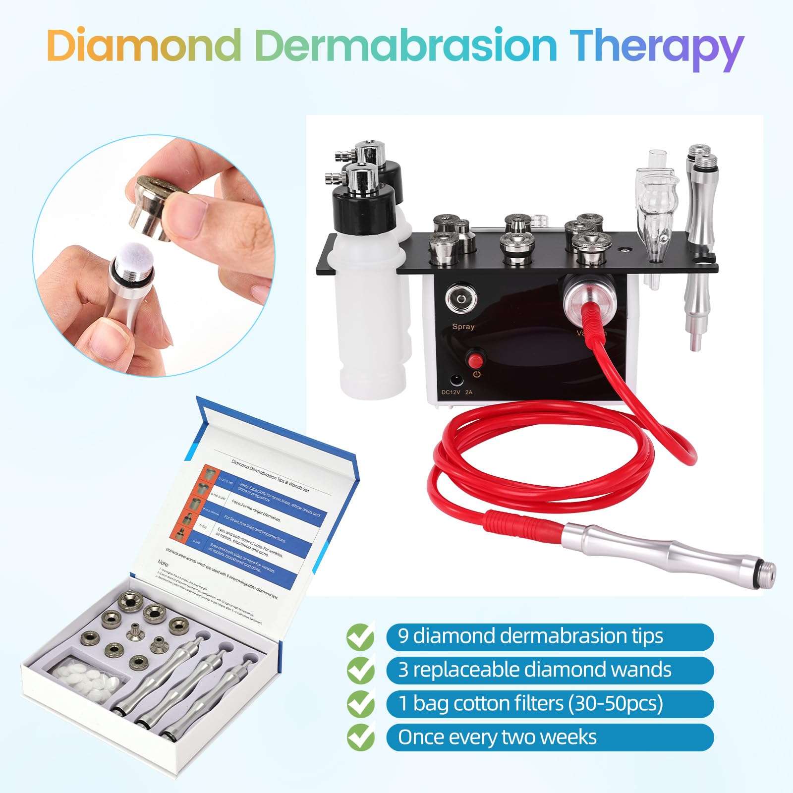 Diamond Micro-Derma-Dermabrasion Machine, 3 IN 1 Dermabrasion Facial Machine 0-68cmHg Suction Power, Professional Diamond Glow Facial Machine with Spray Kit, Home Use Facial Skin Care Equipment 4